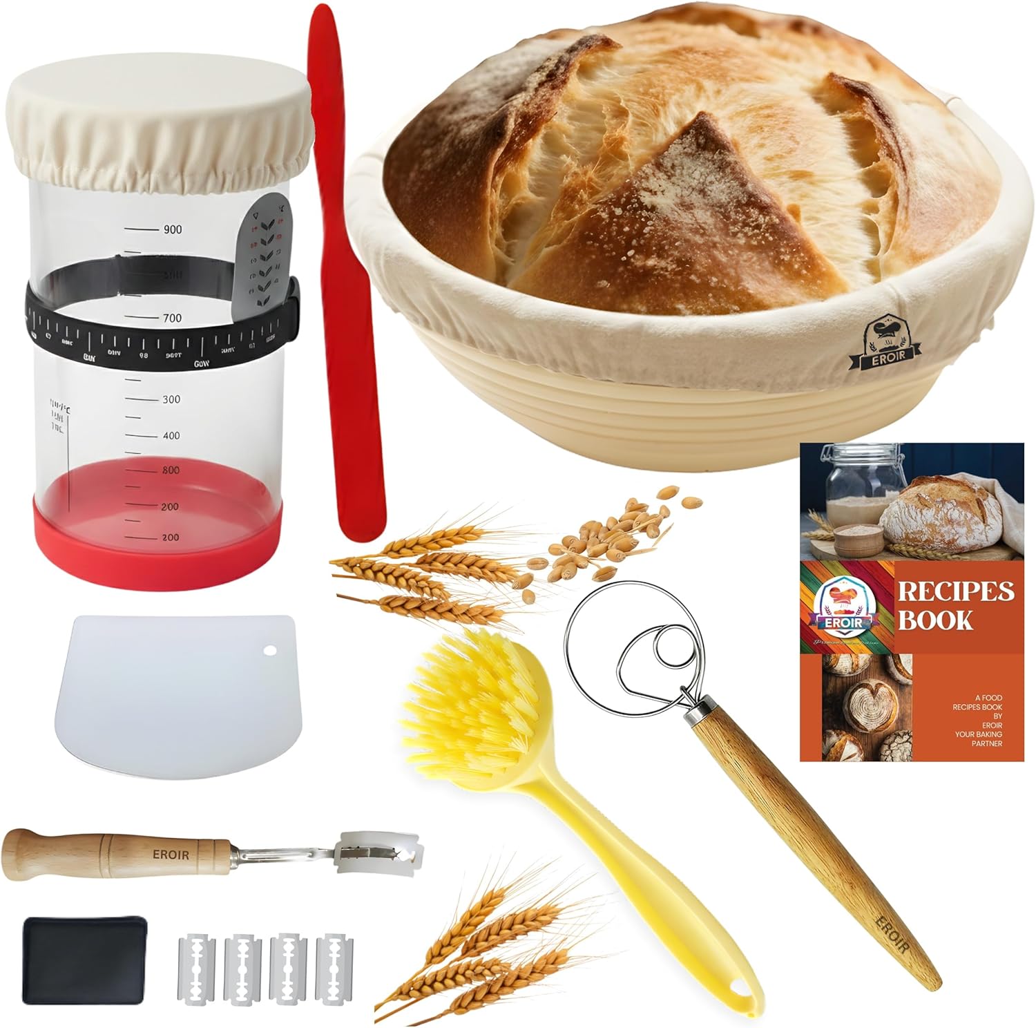 EROIR Sourdough Starter Kit - 38oz Glass Starter Jar with Date Marked Feeding Band, Thermometer, Jar Scraper, 9" Round Bread Proofing Basket, Dough Whisk, Lame, Bowl Scraper, Clean Brush, Recipes Book