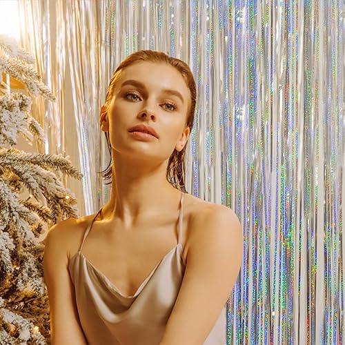 Miniatura 5 de Melsan Cortina de fondo de oropel plateado con flecos, 3 paquetes y mantel iridiscente, 3 paquetes para decoración de fiesta de cumpleaños, baby