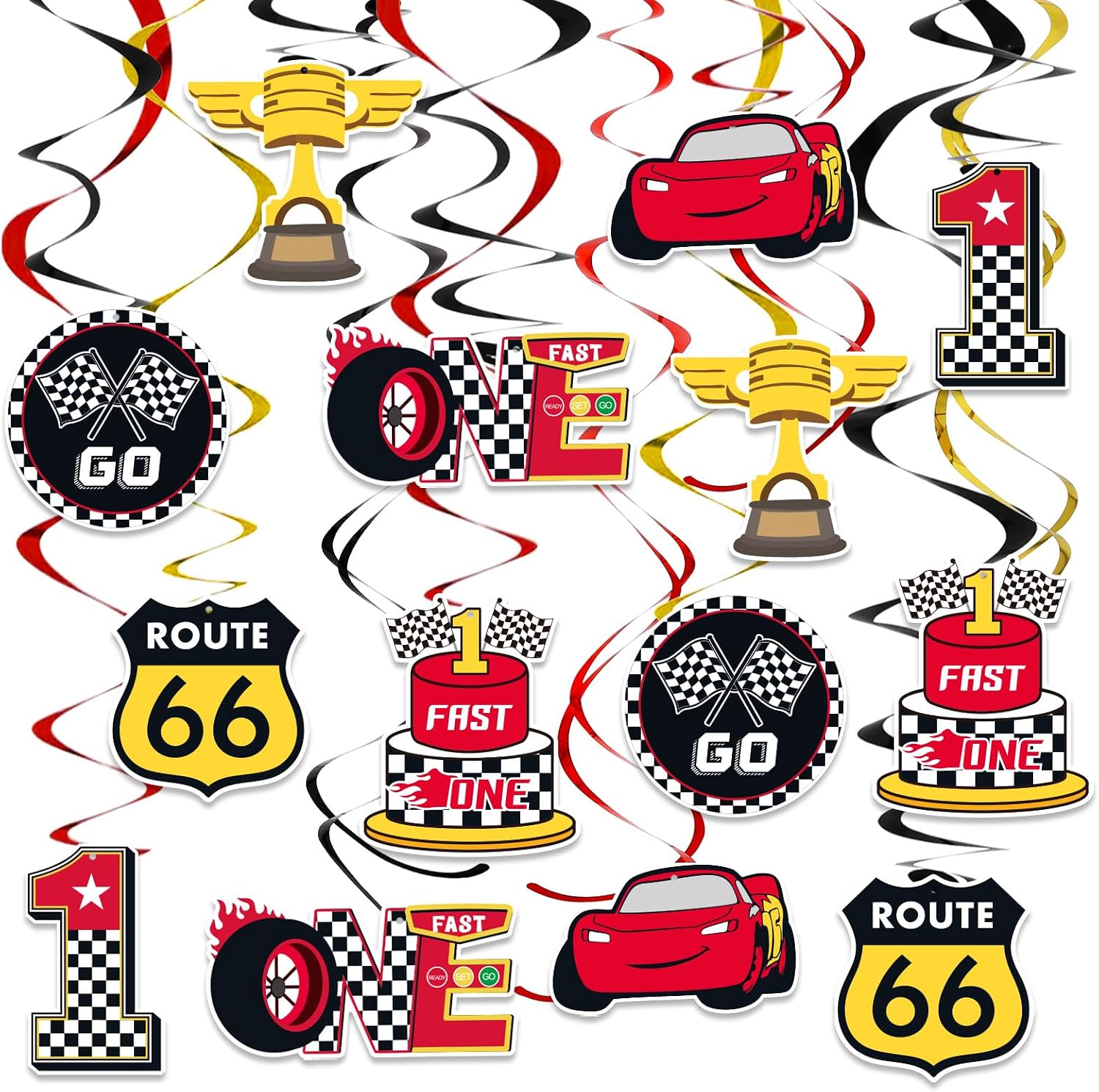 Black Red Yellow 2nd Birthday Hanging Swirl Decorations-Race Car Ceiling Streamers,Race Car Theme Party Supplies,Party Favors(38 Pcs)