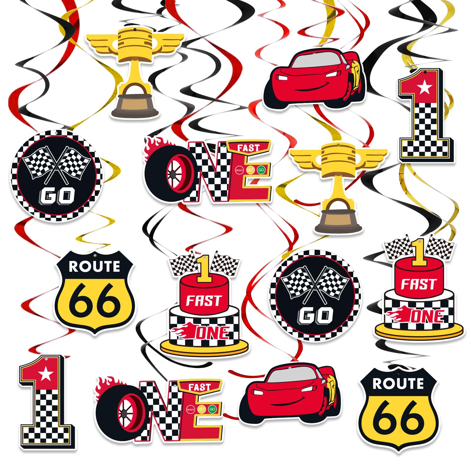 Black Red Yellow 1st Birthday Hanging Swirl Decorations-Race Car Ceiling Streamers,Race Car Theme Party Supplies,Party Favors(38 Pcs)