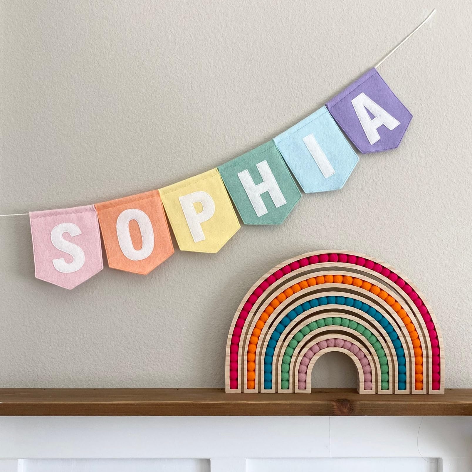 Pastel Felt Name Bunting Personalised, Large Felt Flag Garland Banner, Pink Rainbow Girls Room Decoration, Custom Name Banner for Nursery, Bedroom or Party Decor