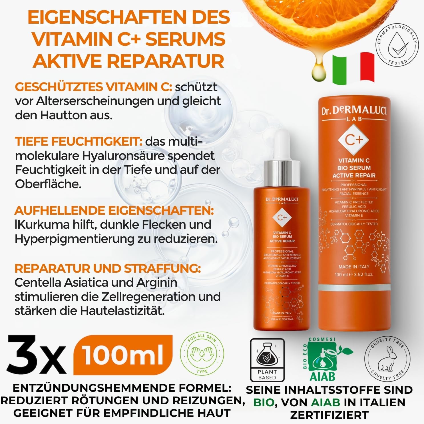 Dr. Dermaluci Lab - Vitamin C Gesichtsserum BIO - Anti-Falten, Anti-Flecken, Aufhellend - Hyaluronsäure & Ferulasäure - Kurkuma & Centella - Dermatologisch Getestet, Made in Italy, 100ml