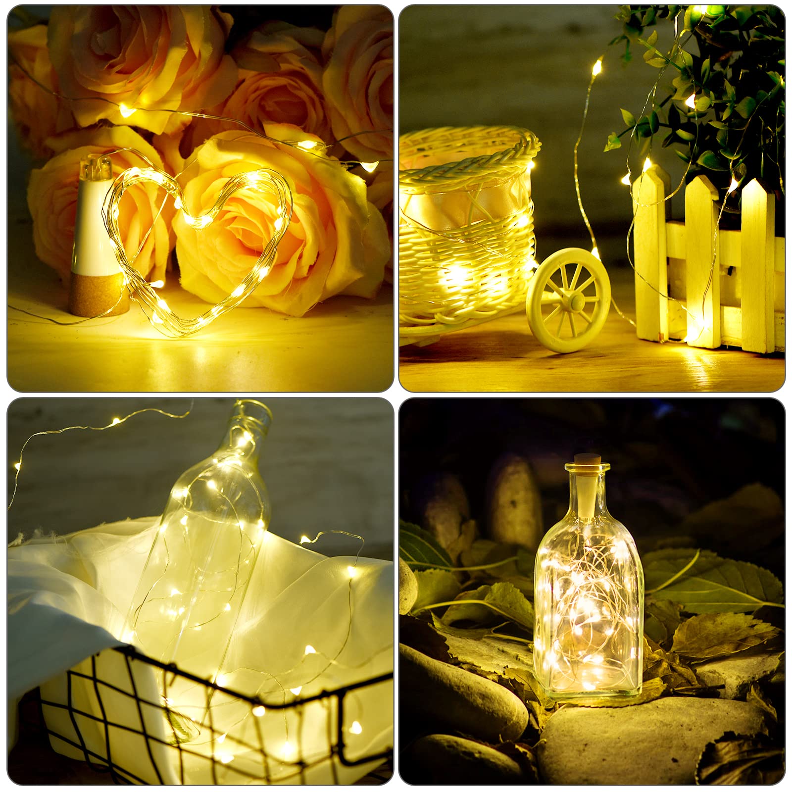 Godinsky Wine Bottle Lights with Cork Switch for Liquor Bottles 4 Pack Rechargeable Battery Operated 20 Led Bottle Stopper Warm String Fairy Lights Indoor Christmas Wedding Halloween Decorations