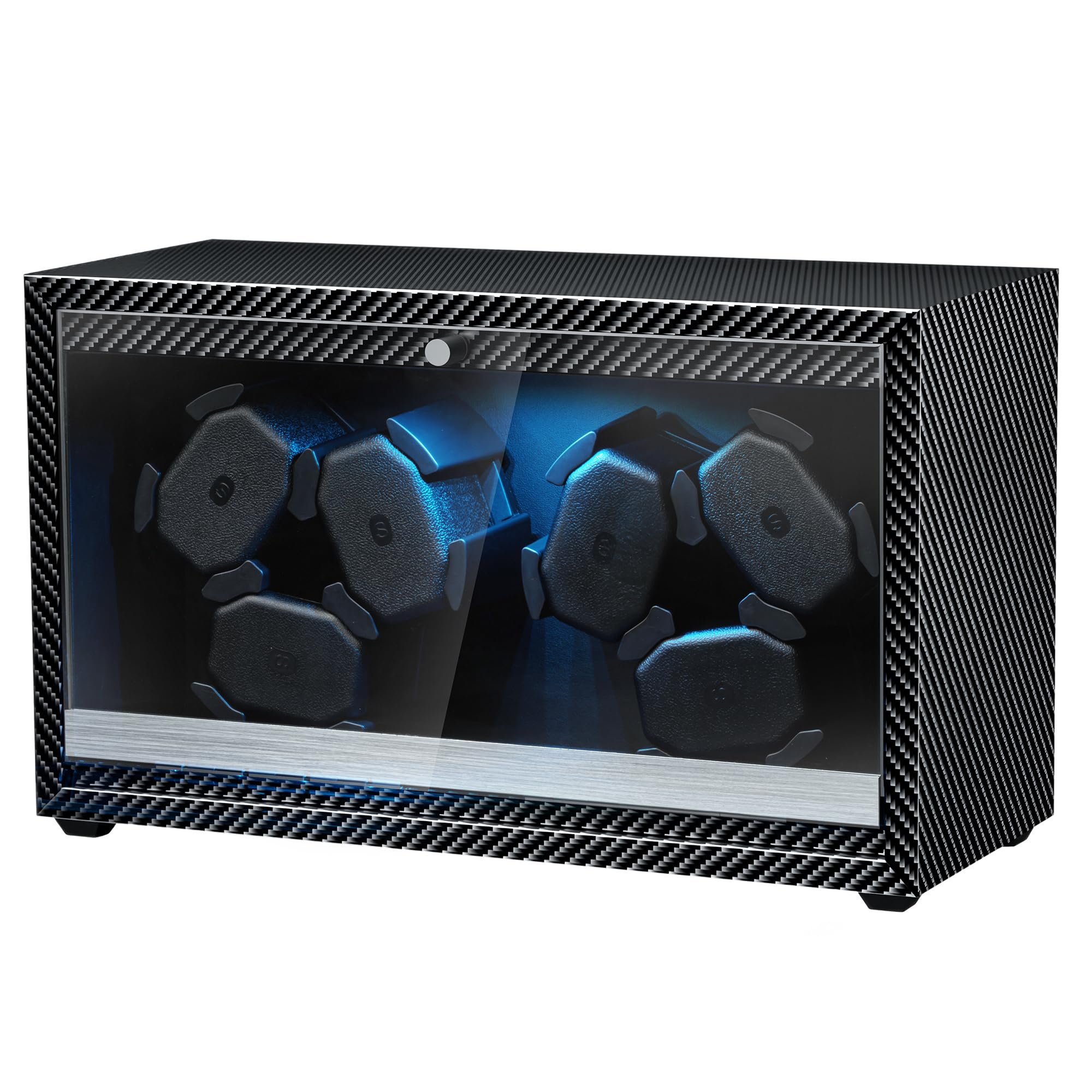 Mcbazel Automatyczny nawijacz do 6 zegarków ze światłem LED, ultra cichy silnik, 4 tryby rotacji, zasilanie USB DC, nadaje się do zegarków do 45 mm - wzór włókna węglowego