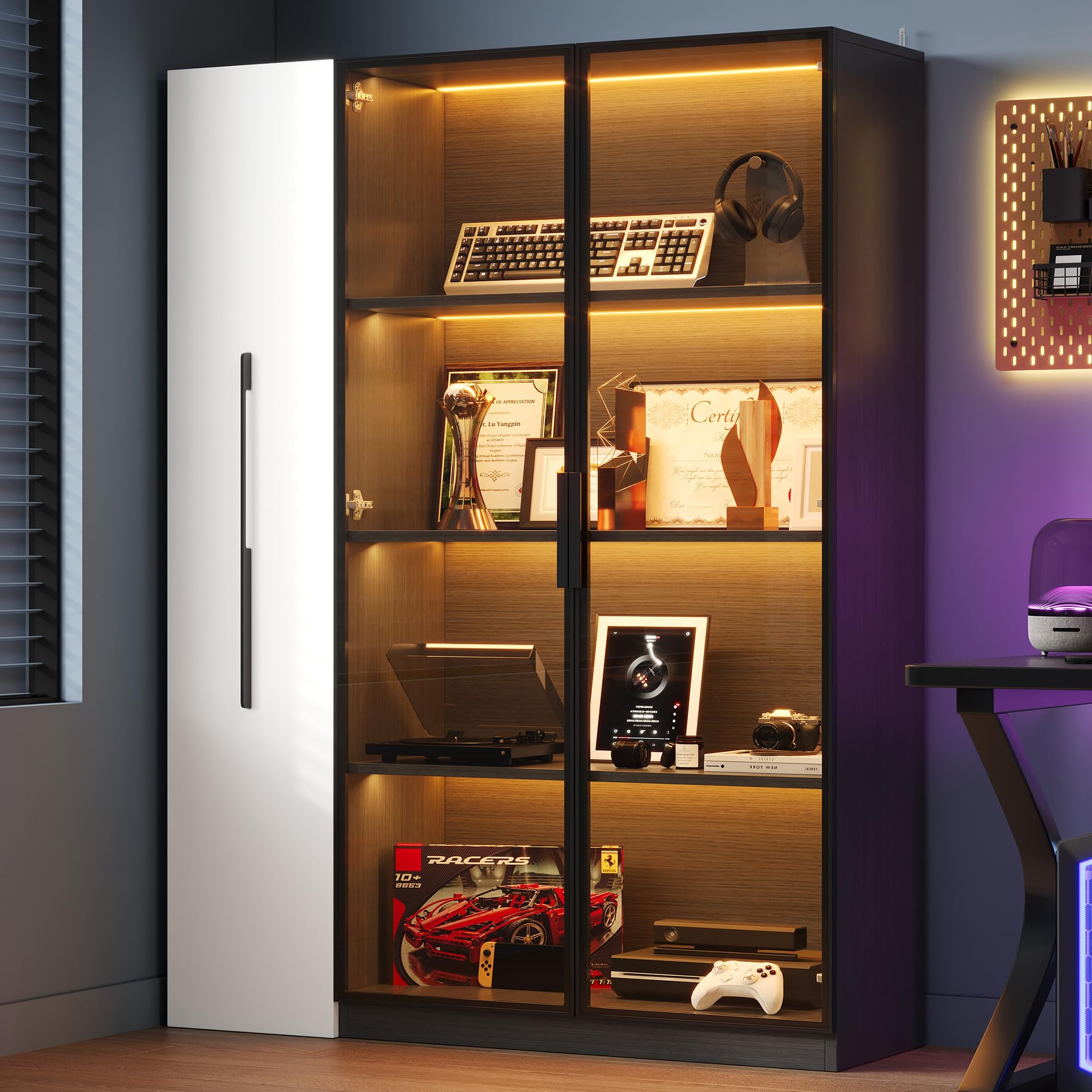 Multifunzionale Armadio 110,5×35×160 cm - Vetrinetta con Porta in Vetro e LED, Estrazione Laterale, Armadio a Ruote Bianco e Nero, Mobile Alto, Libreria, Armadio per Bagno, Credenza per (B)