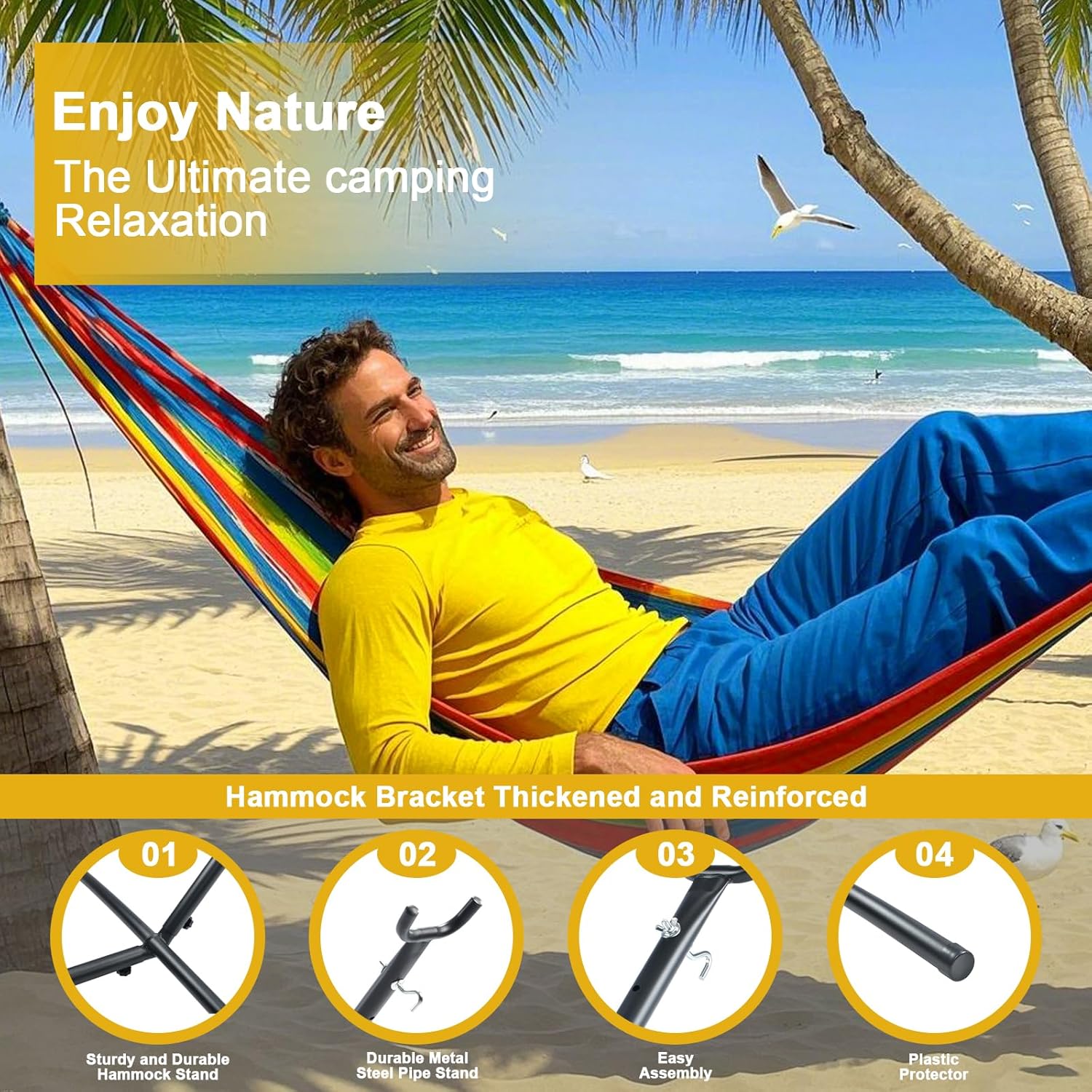 Double Hammock Comfortable with Stand for Hanging Sturdy 440lbs Capacity Hammock for Camping Outside Garden Outdoor Indoor Patio Backyard, Rainbow