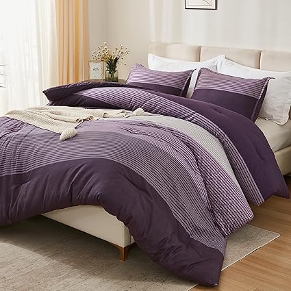 Litanika Purple Queen Comforter Set, 3 Pieces Striped Bedding Set, Lightweight Soft All Season Down Alternative Comforter Set (1 Gray&Purple Comforter, 2 Pillowcases)