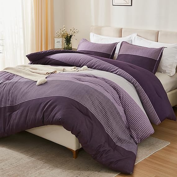 Litanika Purple Queen Comforter Set, 3 Pieces Striped Bedding Set, Lightweight Soft All Season Down Alternative Comforter Set (1 Gray&Purple Comforter, 2 Pillowcases)