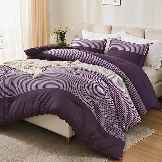 Litanika Purple Queen Comforter Set, 3 Pieces Striped Bedding Set, Lightweight Soft All Season Down Alternative Comforter Set (1 Gray&Purple Comforter, 2 Pillowcases)