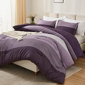 Litanika Purple Queen Comforter Set, 3 Pieces Striped Bedding Set, Lightweight Soft All Season Down Alternative Comforter Set (1 Gray&Purple Comforter, 2 Pillowcases)