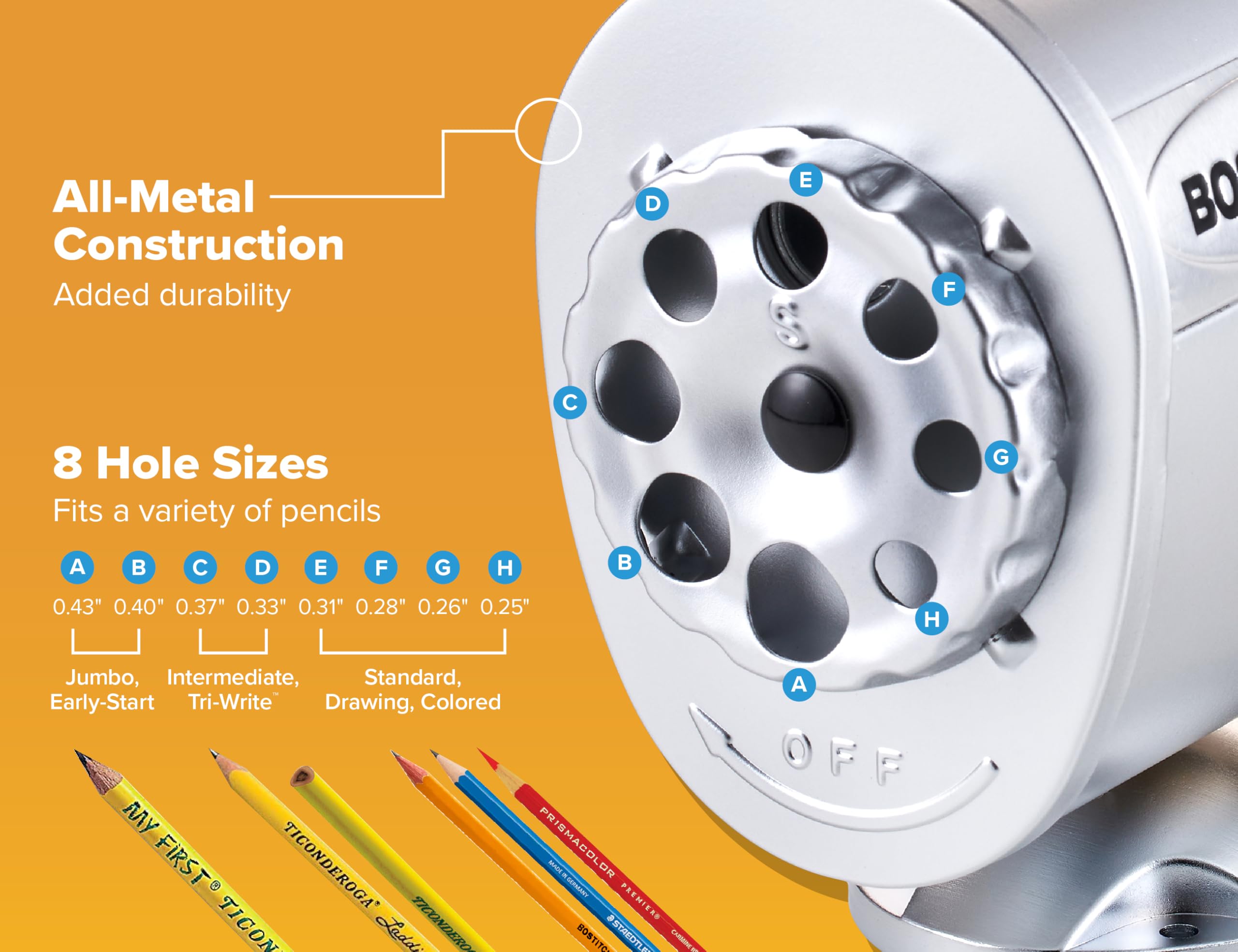 Bostitch Office Wall Mount Manual Pencil Sharpener, Tip Saver, 8 Hole Dial, 6X Longer Cutter Life, Vertical or Horizontal Mounting, Silver - Image 3