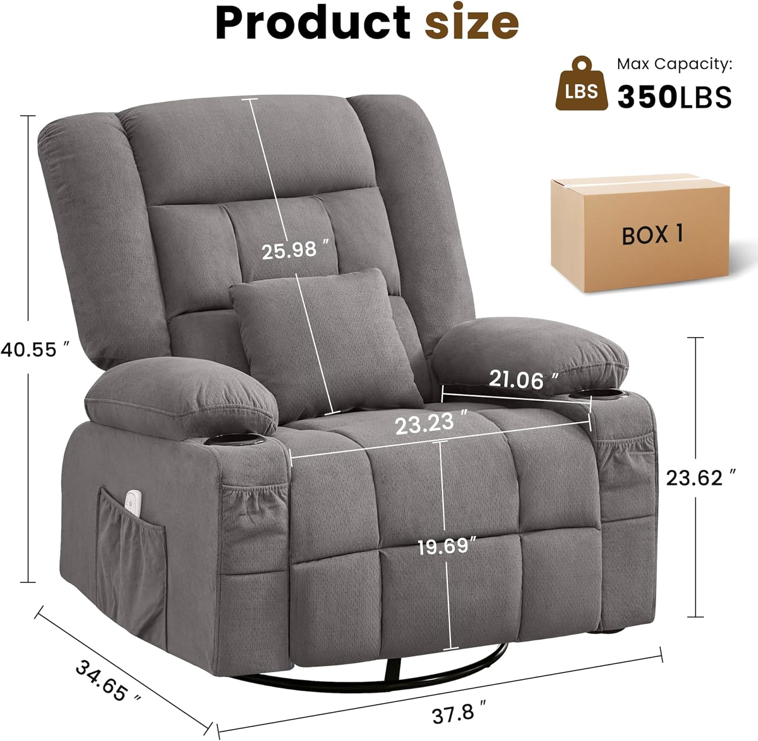 MAHOMICO Oversized Massage Swivel Recliner Chair with 4-Point 3D Kneading Massage and Heat for Living Room with Rocking Function 2 Cup Holders, USB Charge Port