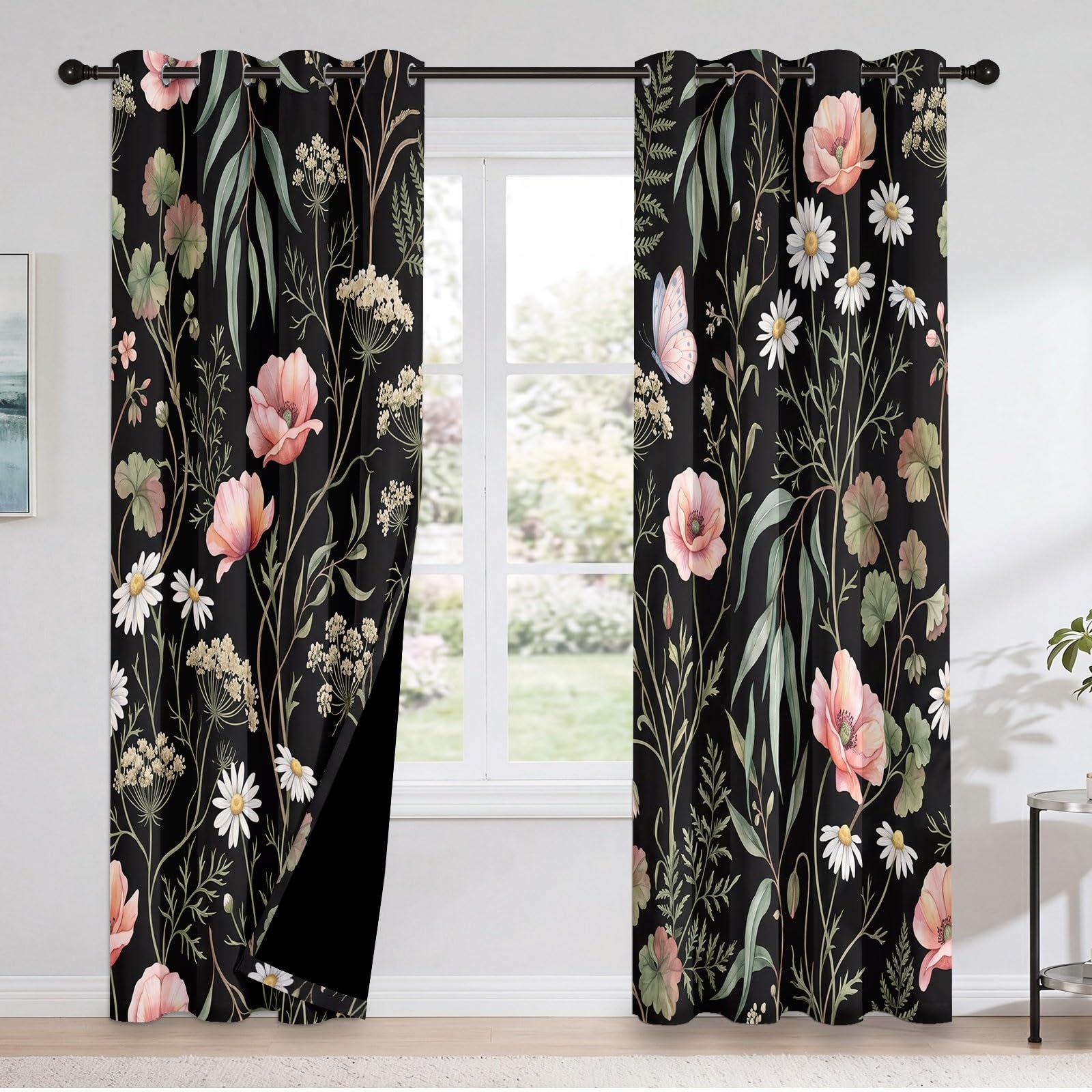 Schwarz Natürlich Landhausstil Vorhänge, Mohnblumen Gänseblümchen Eukalyptusblätter Geranien Wärmeisolierte Raumverdunkelnde Vorhänge, Energieeffiziente Ösen Vorhang für Wohnzimmer, H245 x B100 cm