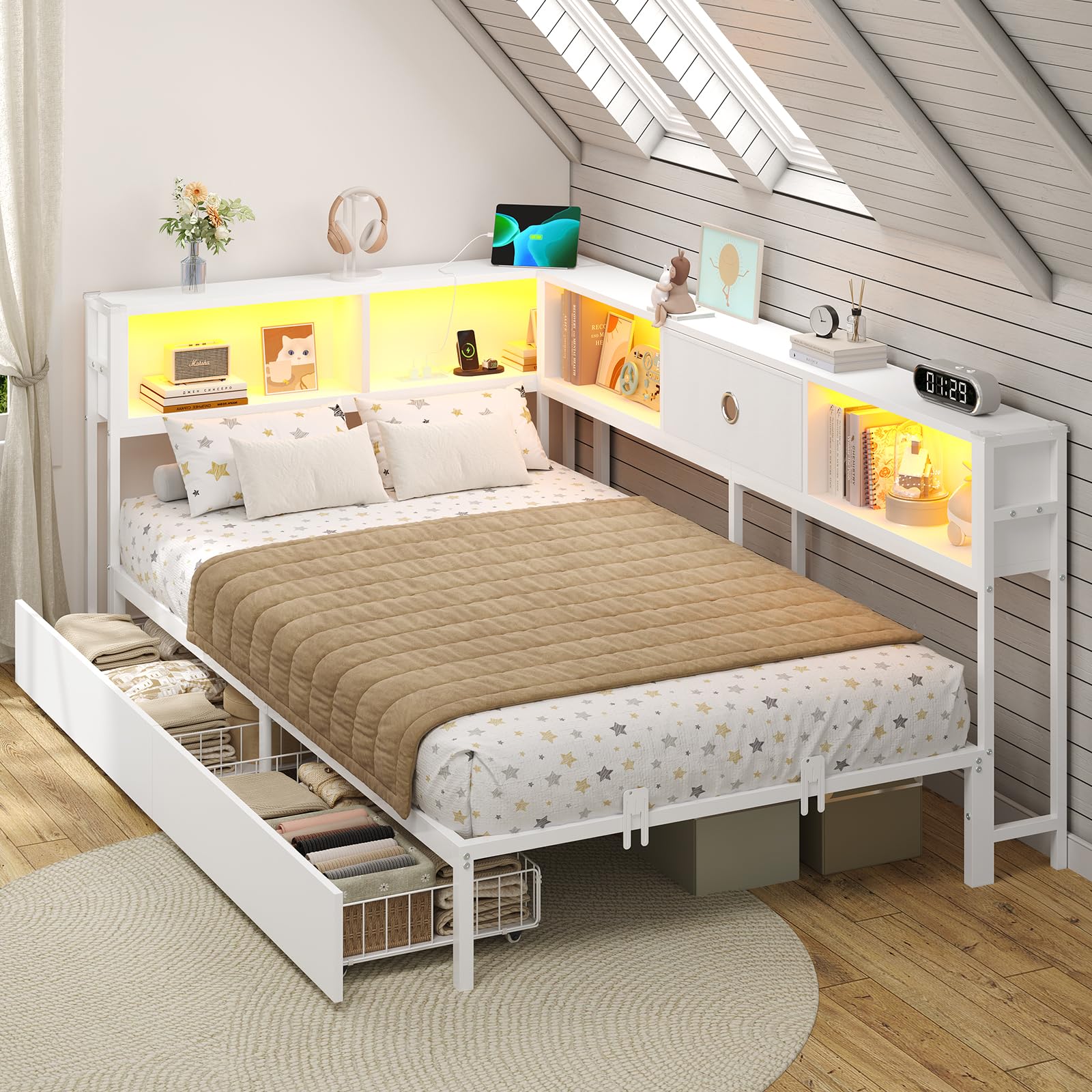 DICTAC 3ft Single Bed 90x190 with 2 Storage Drawers, Single Storage bed with LED Lights & Charging Station, Day Bed with Storage, White LED Corner Bed – Space-Saving Single Bed Frame, Modern — image 1