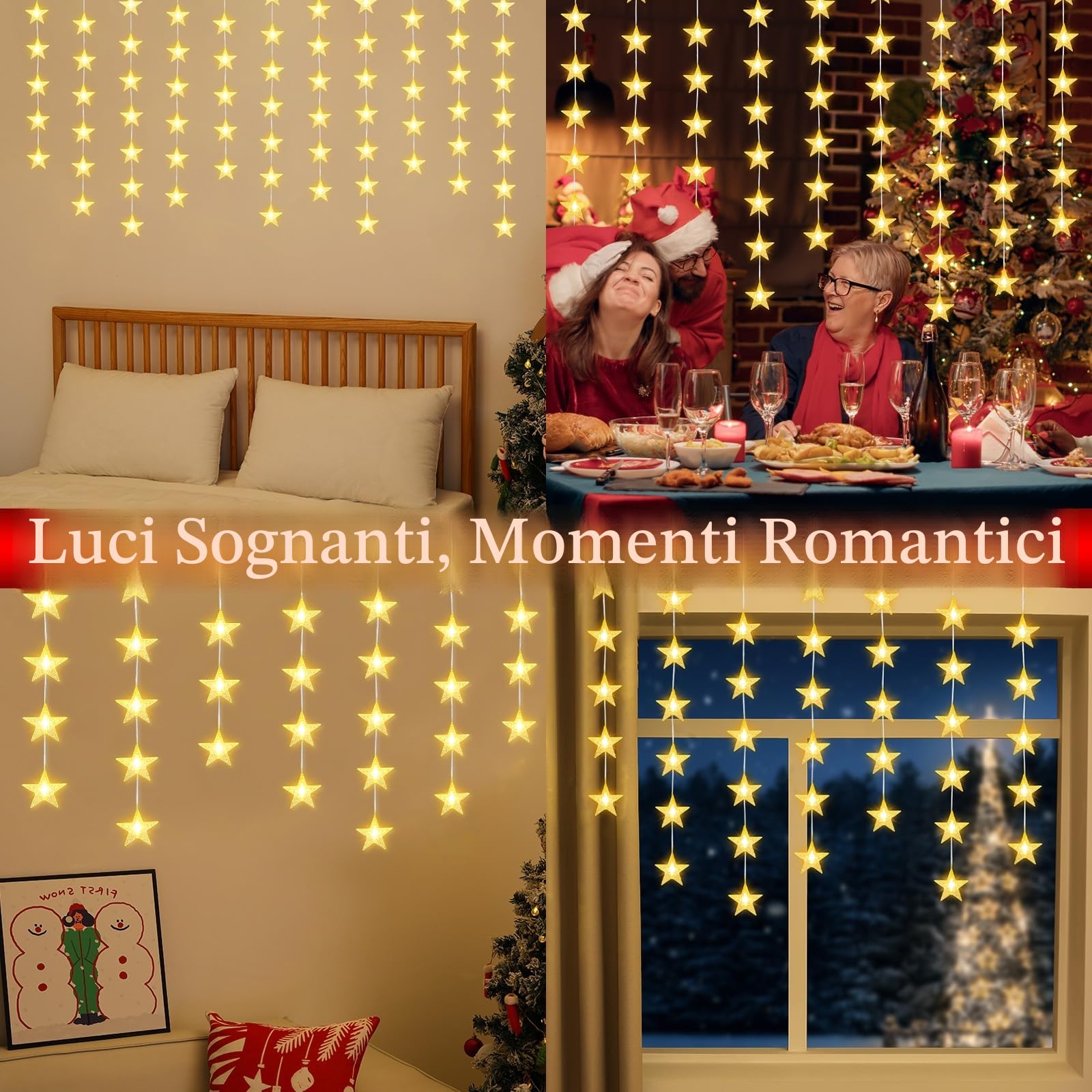 Lewondr 40 LED Luci A Tendina Natalizie, 6PCS Luci Appendibili Con Timer 6H & 8 Modalità, Luce A Batteria Per Decorazione Interna Camera Da Letto Natale Matrimonio Festa, Luce Calda