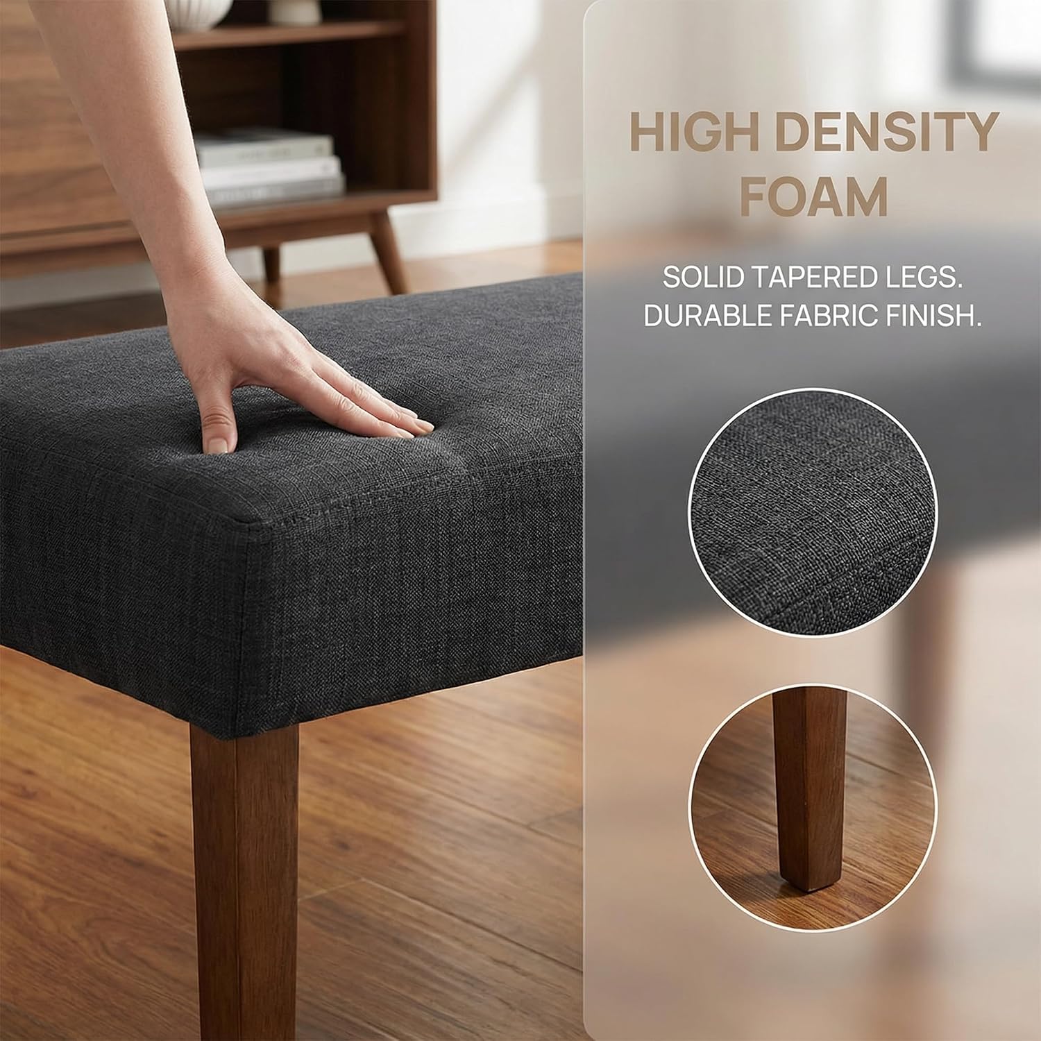 HNY Farmhouse Upholstered Dining Bench Seat, 45" Linen Entryway Bench with Natural Wood Legs, Mid Century Modern End of Bed Bench for Kitchen Bedroom Living Room Hallway, for 2-3 Person, Charcoal