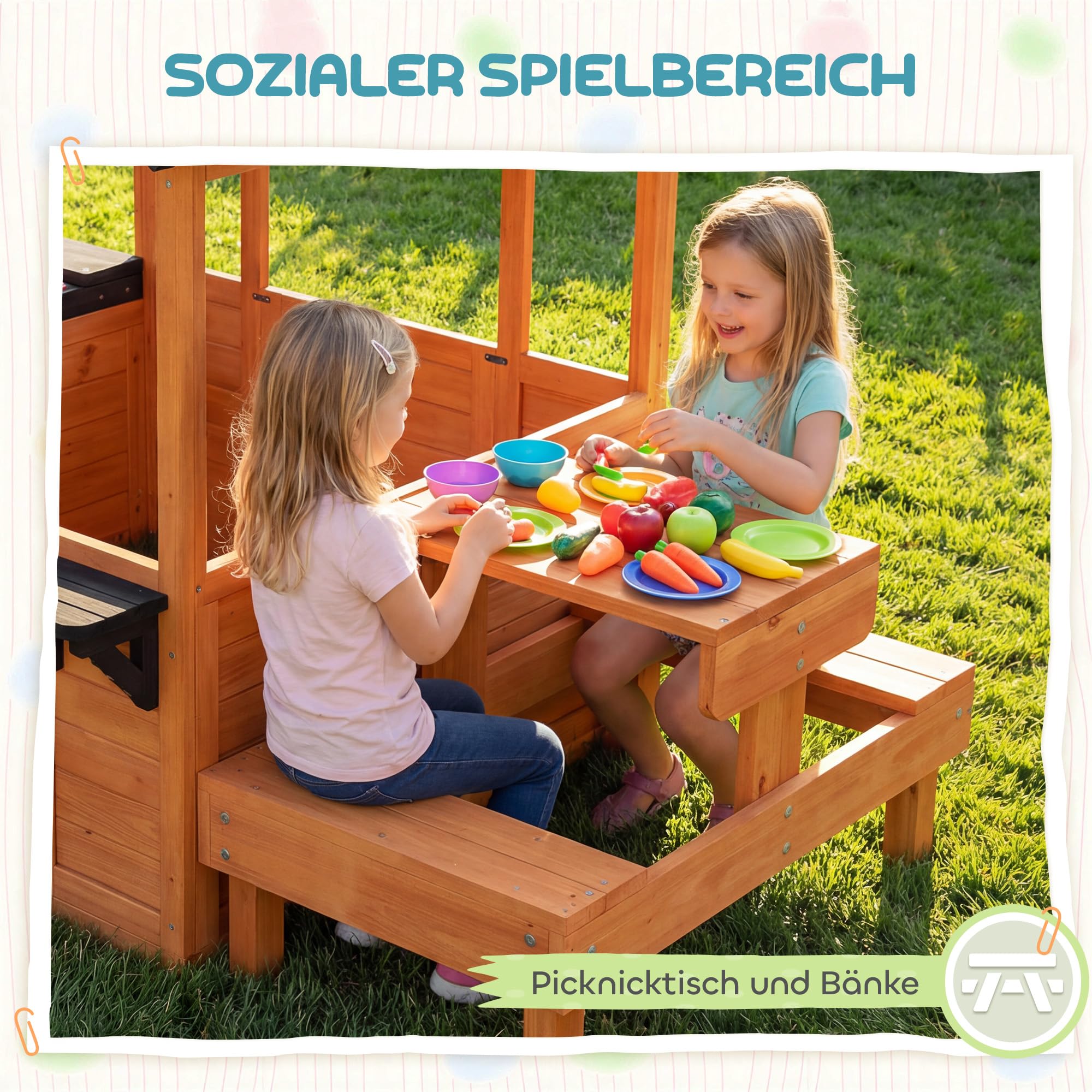 AIYAPLAY Spielhaus Outdoor Kinderspielhaus aus Holz mit Tisch Bank Spülstation Fenster Tür Blumenkastenhalter Gartenhaus für Jungen und Mädchen 3-8 Jahre für Outdoor & Indoor Hellbraun