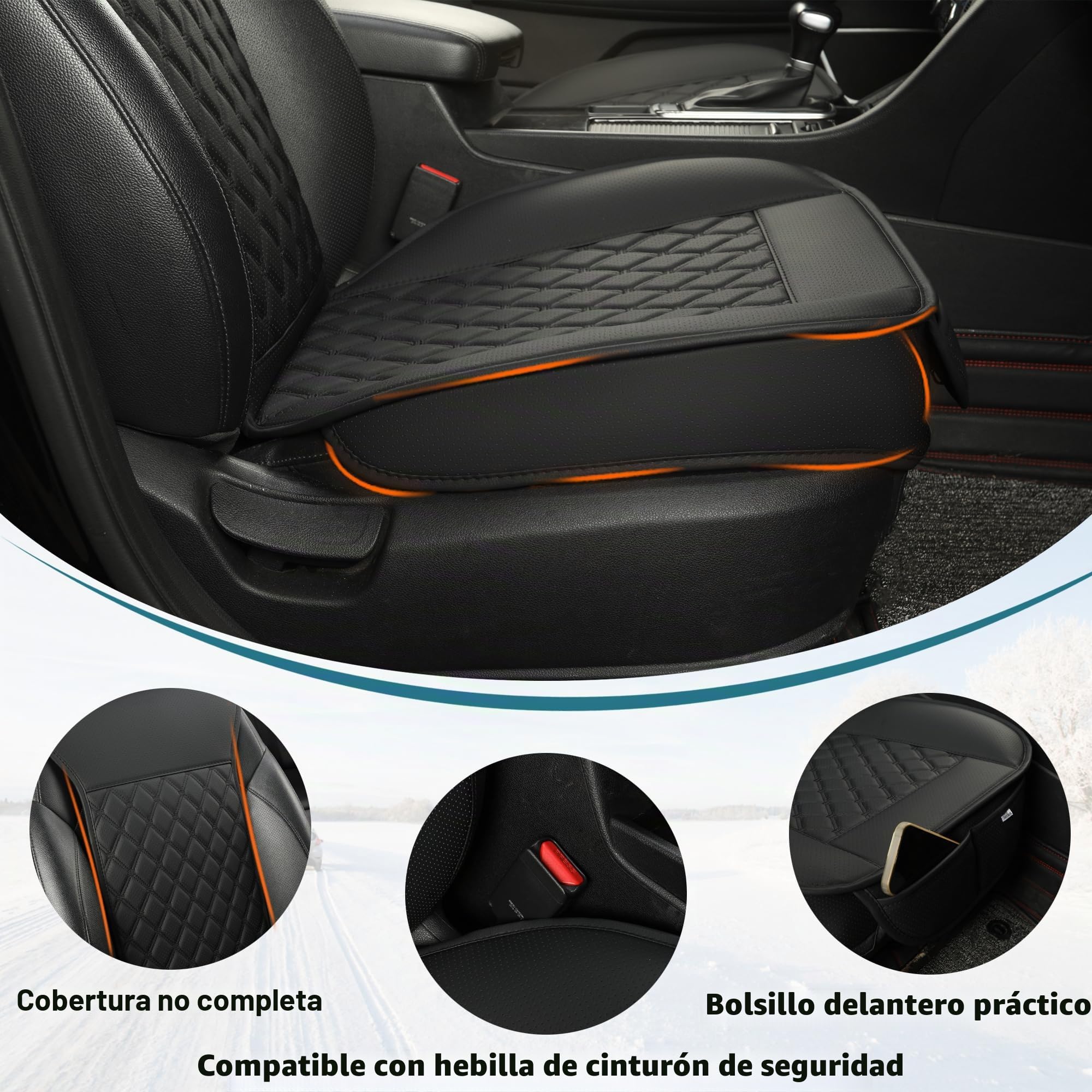 Black Panther Pack de 2 Fundas de Asiento Delantero con Fundas para Reposacabezas – Cuero PU, Acolchado de Rombos, Ajuste Universal | Protección Total de la Base | Instalación Fácil (Negro)