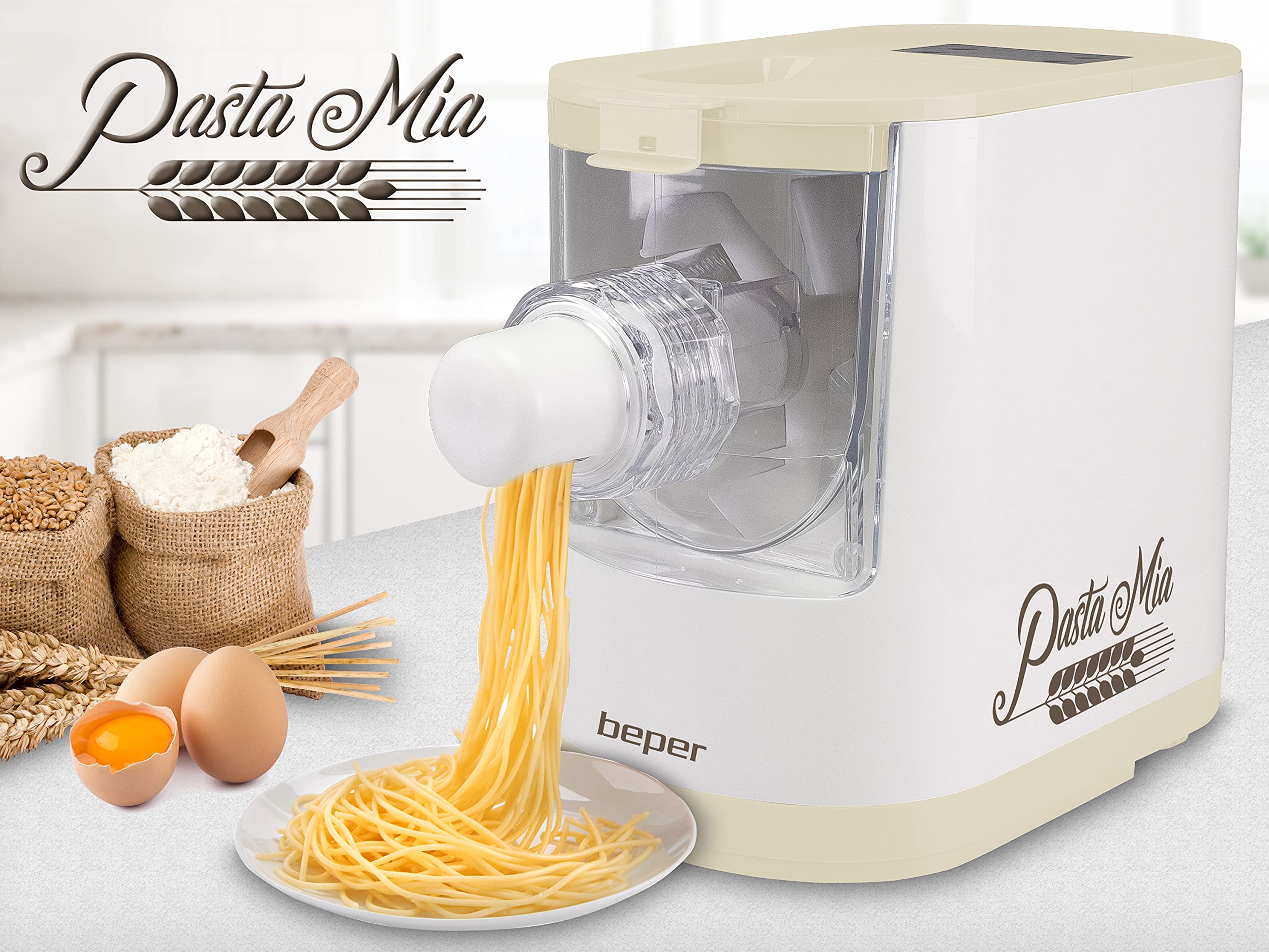 BEPER P102SBA500 Machine automatique pour pâtes fraîches, Machine à pâtes, 200W, 320 g de farine, 8 matrices de différentes tailles,Comprend une tasse à mesurer et une spatule