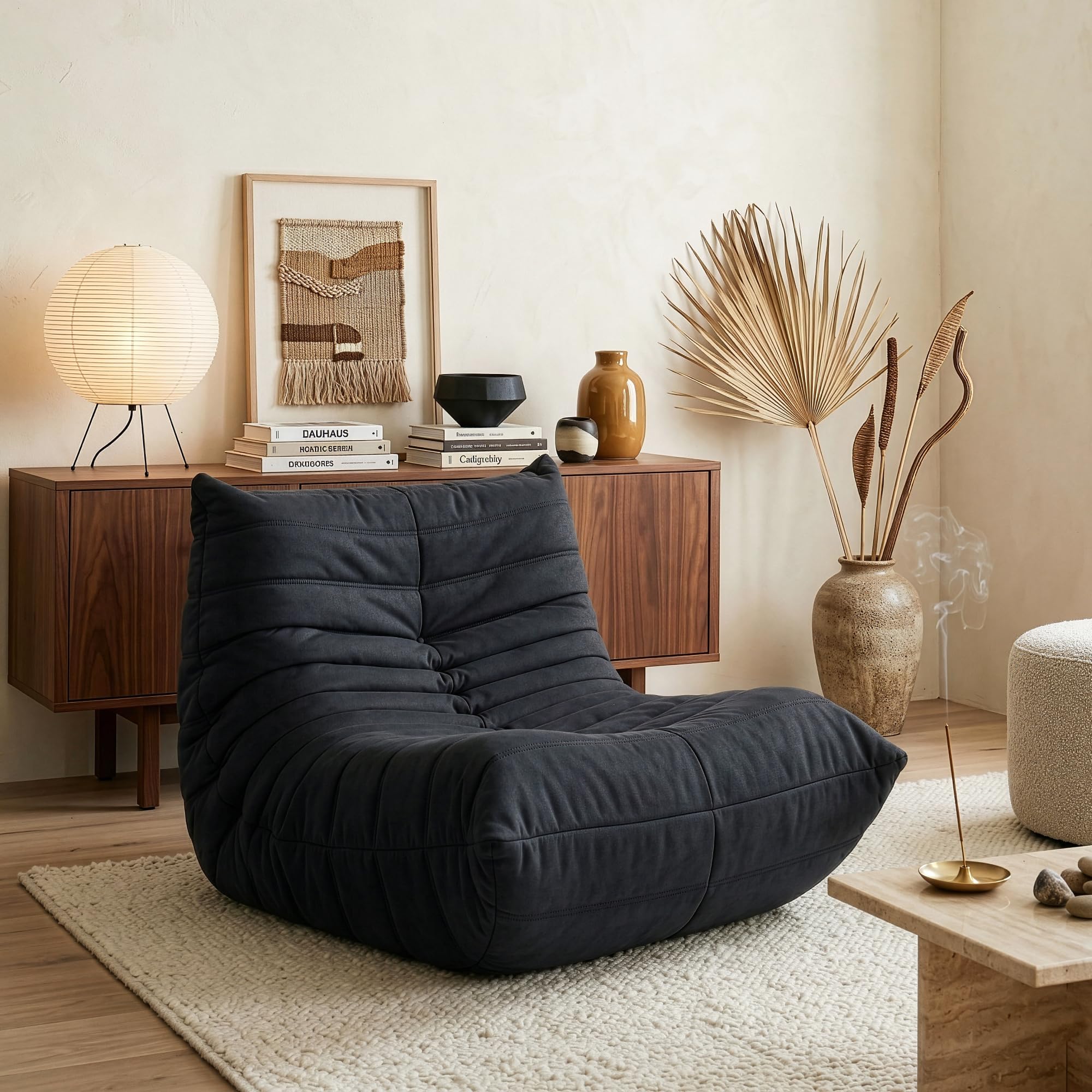[en.casa] Poltrona Bassa Senza Braccioli Sedia Imbottita da Pavimento con Rivestimento Trapuntato in Microfibra Pouf Poltrona Relax Soggiorno Camera da Letto 75x90x100 cm - Nero