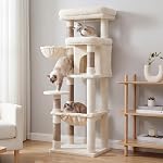 Heybly Arbre de chat, 142cm Tour d'escalade facile multi-niveaux pour les grands chats, Meubles de chat avec 2 Perches, Hammock confortable, Condo spacieux & Panier de chat, poteaux de scratching durables Sisal, Beige HCT028MJ