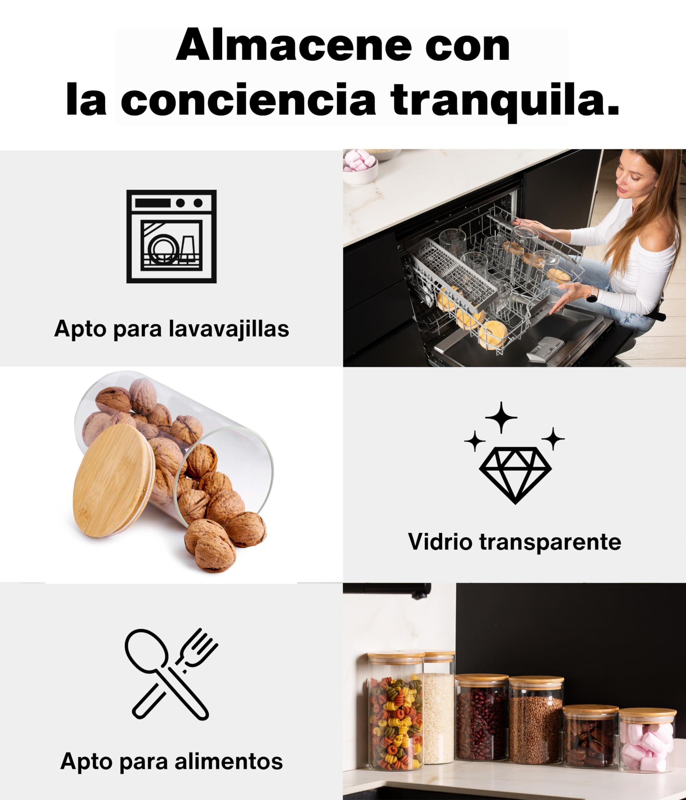 Deco haus® Tarros de Cristal con Tapa hermética, Juego de 8 [+ Etiquetas], Botes Cocina Almacenaje, Tarros Cristal con Tapa de Madera, Frascos de vidrio Apto para Harina, Café, Pasta | Tarros de cristal con tapa para cereales, cereales, harina y demás