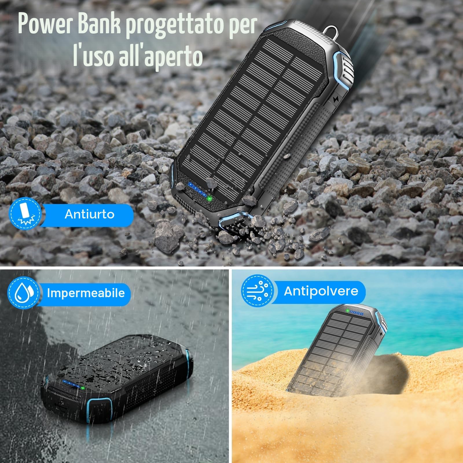 Powerbank solare wireless 26800 mAh con 3 cavi, Power Bank USB-C 15 W, ricarica rapida, 4 uscite, 3 ingressi per cellulare, caricatore solare per esterni, batteria esterna con torcia