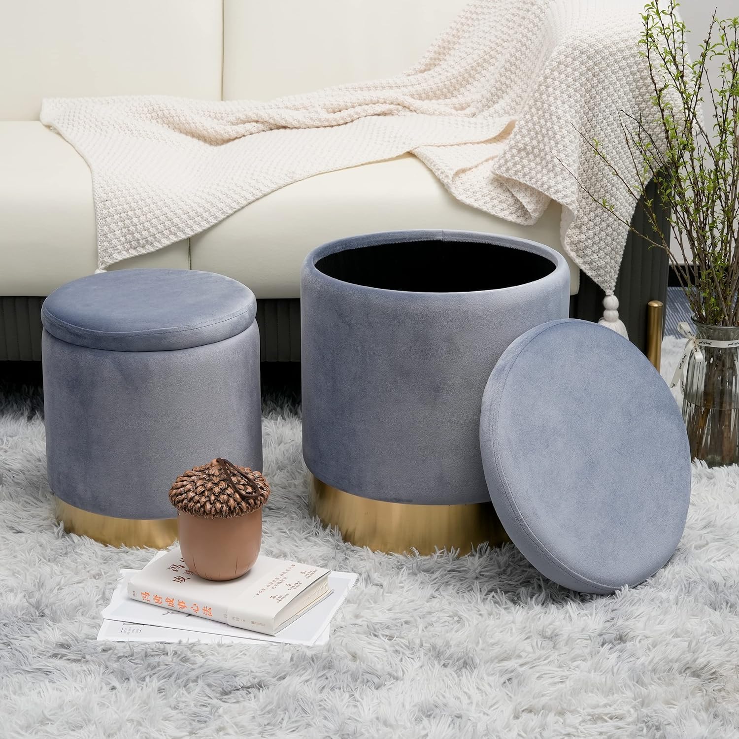 RIBAVARY® Set of 2 Luxurious Storage Ottoman, Round Ottoman with ...