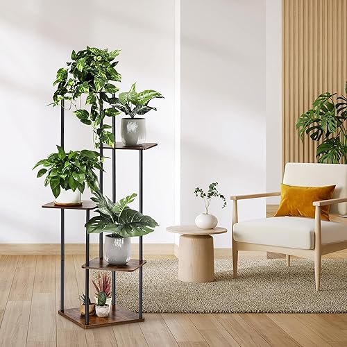 Miniatura 7 de Soporte para plantas de 5 niveles para interiores y exteriores, estante esquinero de metal de madera, múltiples estantes para macetas, estante
