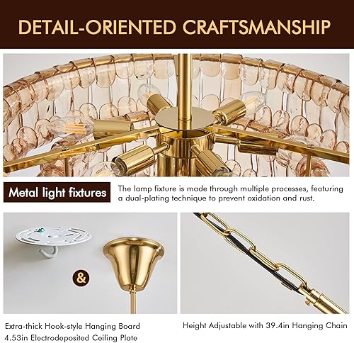 Miniatura 3 de 23in Large Chandelier Gold, Modern Dining Room Light Fixtures, 3 Layer Luxury Glass Chandelier 9 Light Chandeliers for Dining Room Kitchen Island