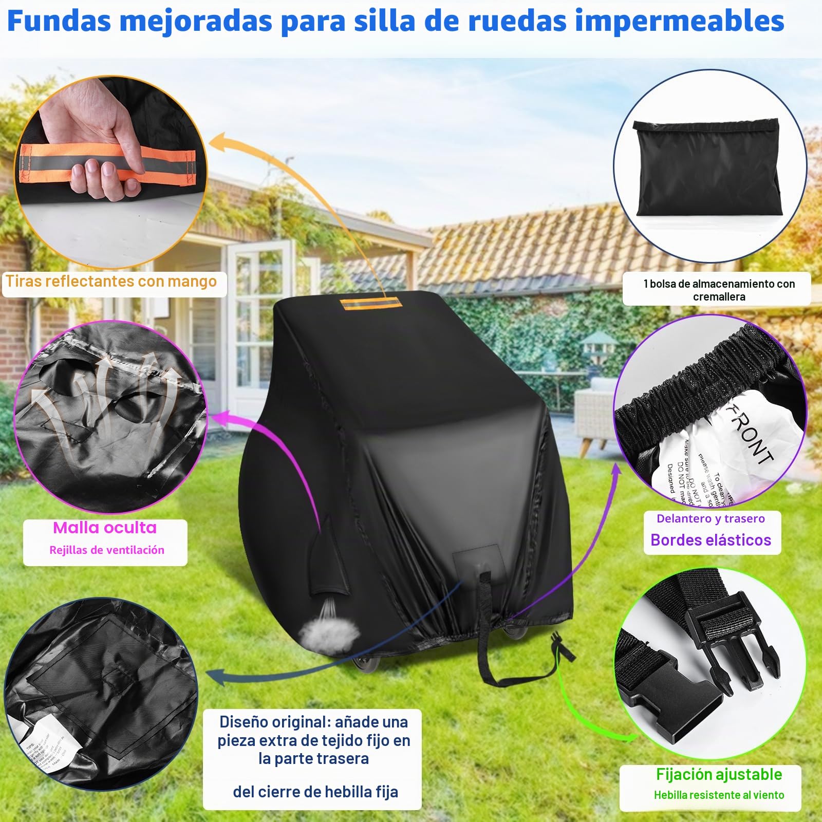 Funda resistente para silla de ruedas 420D con ventilación de aire, tira impermeable, mango reflectante, funda para sillas de ruedas manuales y eléctricas, scooters de movilidad