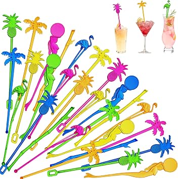 Willinglong 100 Assorted Tropical Swizzle Sticks Bar Cocktail Stirrers Luau Palm Tree Flamingo Fun Reusable Novelty Beverage Cocktail Margarita Tiki Drink Stirring Sticks for Birthday Wedding Party