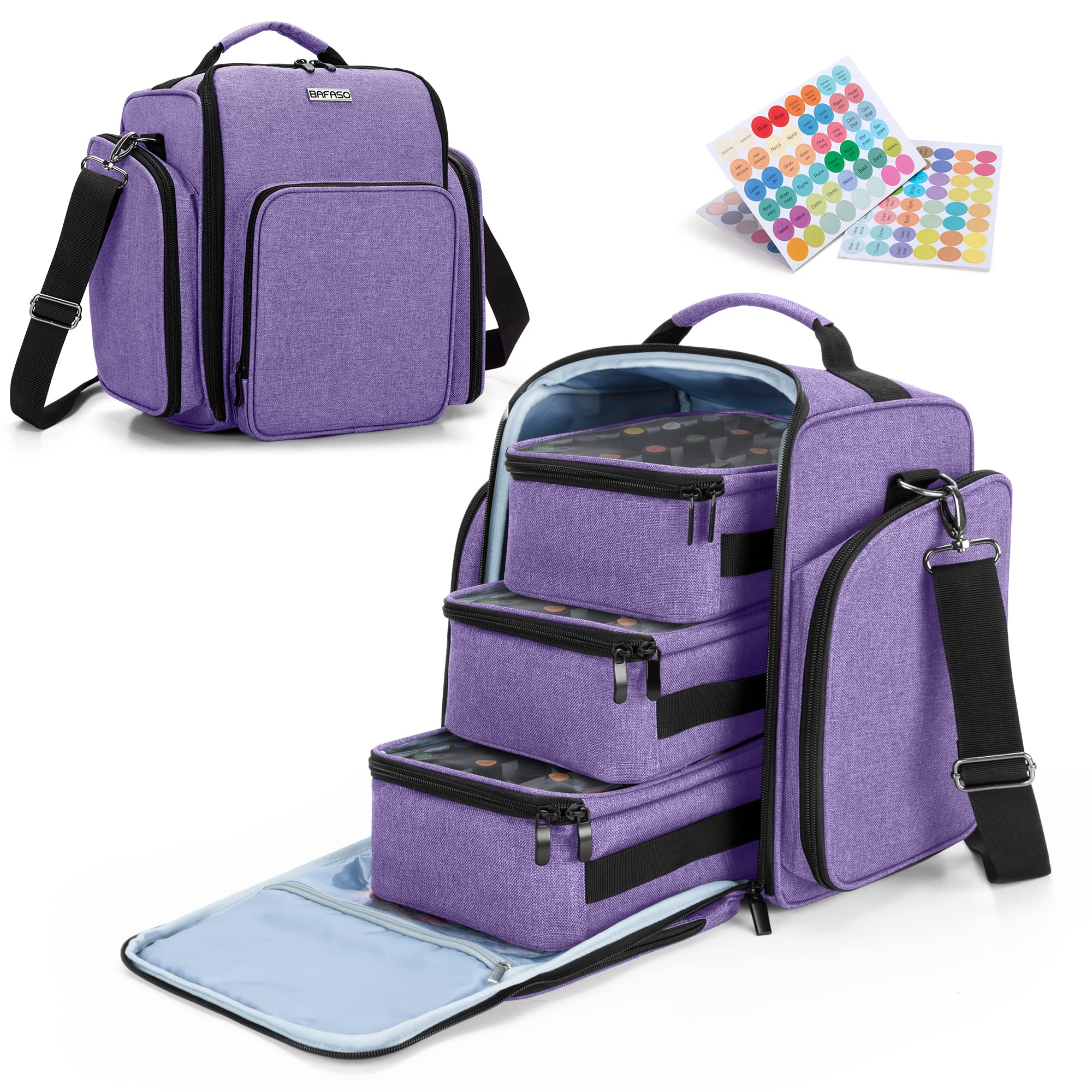 BAFASO Bolso de Viaje para Aceite Esencial con 2 Etiquetas de Hojas, Estuche para Aceite Esencial con Capacidad para 72 Botellas (15 ml - 30 ml), Organizador de Aceite Esencial, Morado | Estuche para Aceite Esencial con 2 Etiquetas de Hojas (15 ml - 30 ml