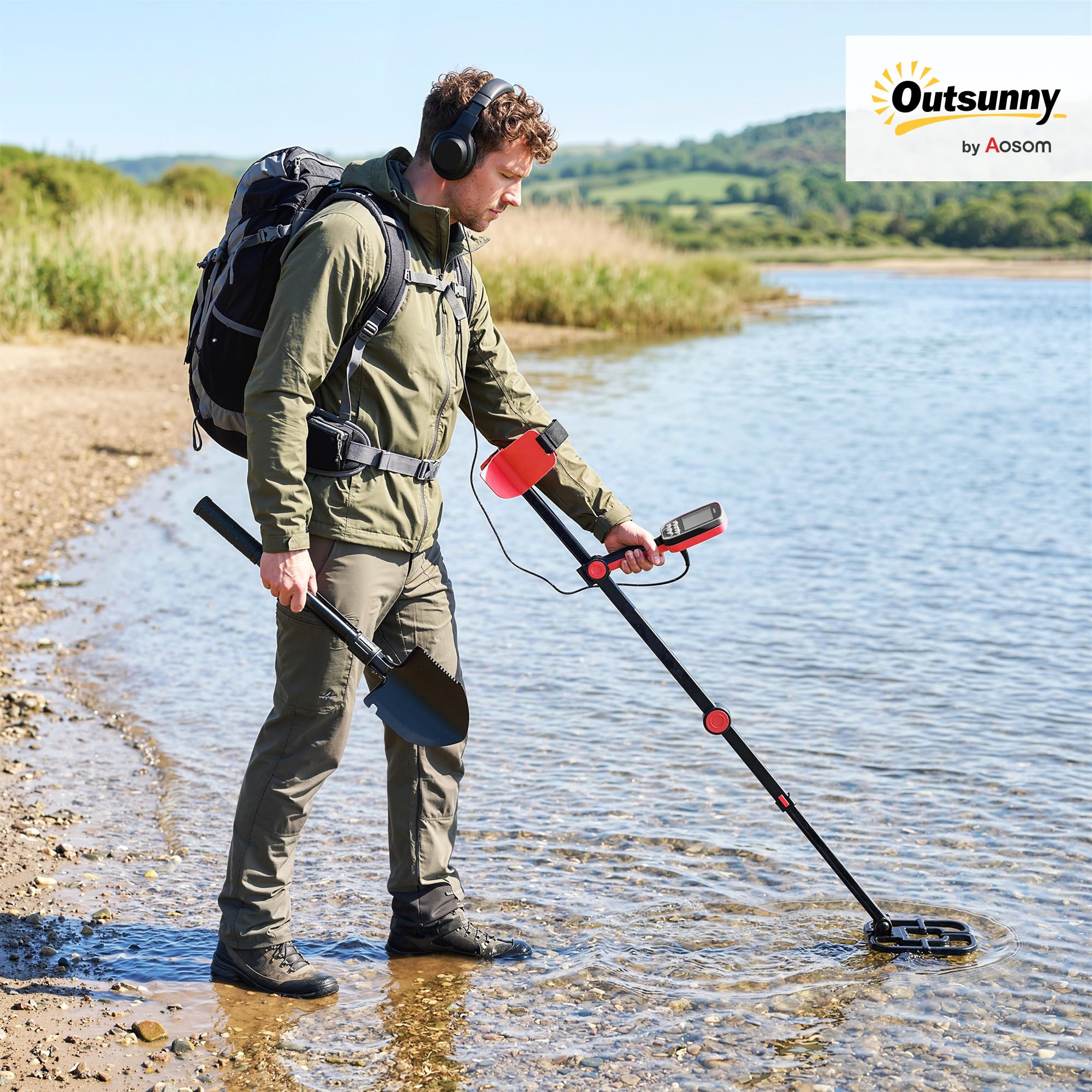 Outsunny Metal Detector Pieghevole per Adulti, Rilevatore di Metalli Oro Impermeabile IP68 con Bobina, Display LCD, 4 Modalità, Borsa, Pala, Cuffie, Asta Telescopica Regolabile, per Spiaggia Giardino