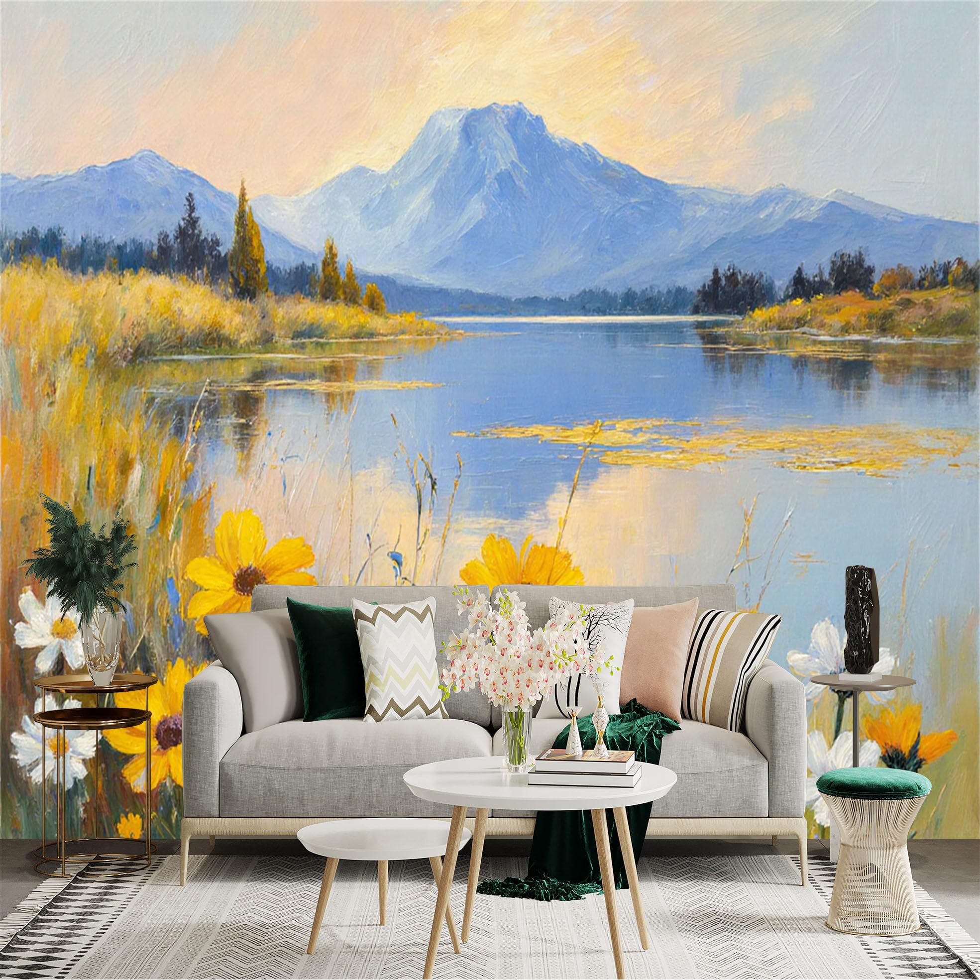 Custom Size Wall Sticker Mural， Bright Wildflowers by Lake with Mountain View and Golden Sunset， for wall Decoration， peelandstick wall Decals.