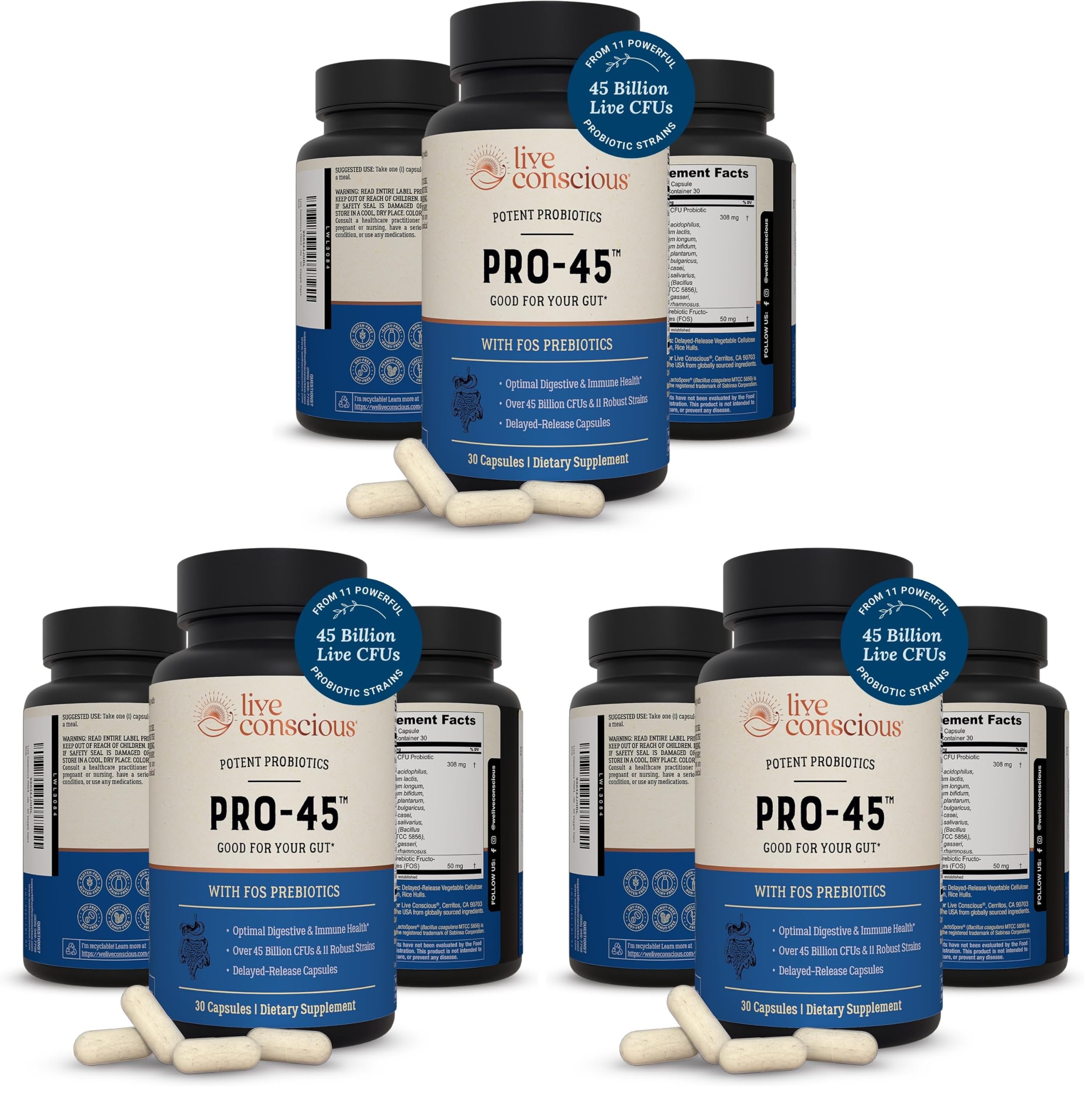 Live Conscious PRO45 Probiotics for Women & Men: Comprehensive Formula, 45 Billion CFU, 11 Strains, Dairy Free - w/Prebiotics and Probiotics - Promotes Immune & Gut Health - 30 Veggie Caps (Pack of 3) 30 Count (Pack of 3)