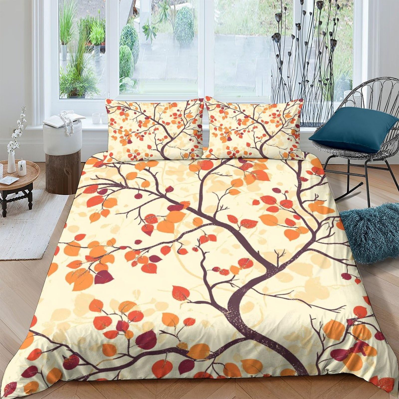 TUFRTGYHN 3D Printed Autumn Branch Duvet Cover Microfiber Soft Breathable Fall Leaves Bedding Set with 2 Pillowcases for Bedroom Decor Single（135x200cm）