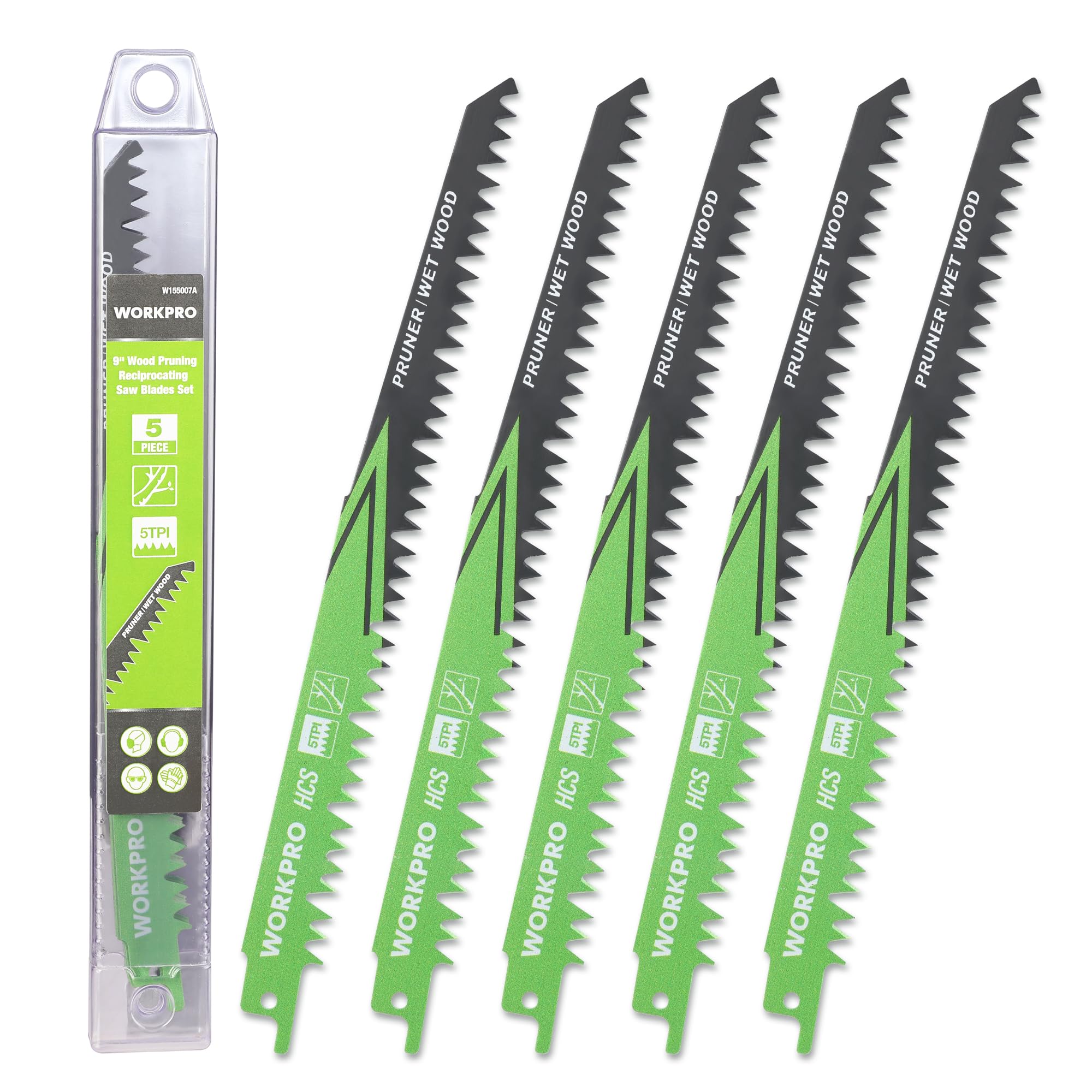 WORKPRO Hojas de Sierra Sable 5 Piezas, Cuchillas para Madera 230 mm, Accesorios de Corte para Poda y Jardín, Compatibles con la Mayoría de Sierras de Sable, con Caja de Plástico