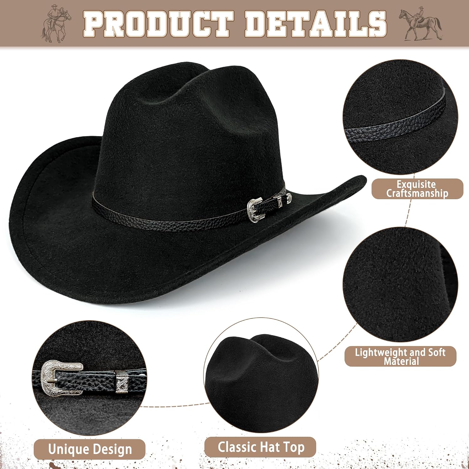 Western Cowboy Hat for Women Men, Felt Cattleman Hats Wide Brim Cowboy Cowgirl Hats for Cowboys Cowgirl Theme Party