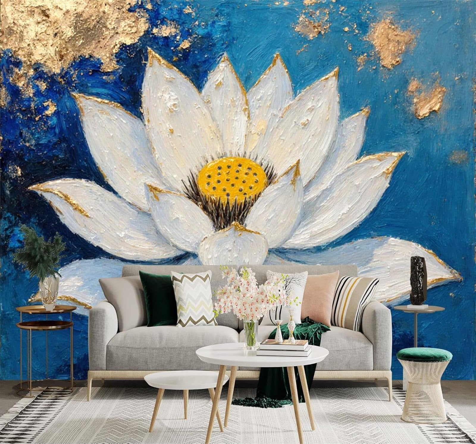 XLMING Hand Drawn White Lotus with Golden Accents Abstract Blue 3D Wallpaper Silky Texture Home Study Office Grey Dining Room Sofa Bedroom Living Room TV Backdrop-250cm×170cm