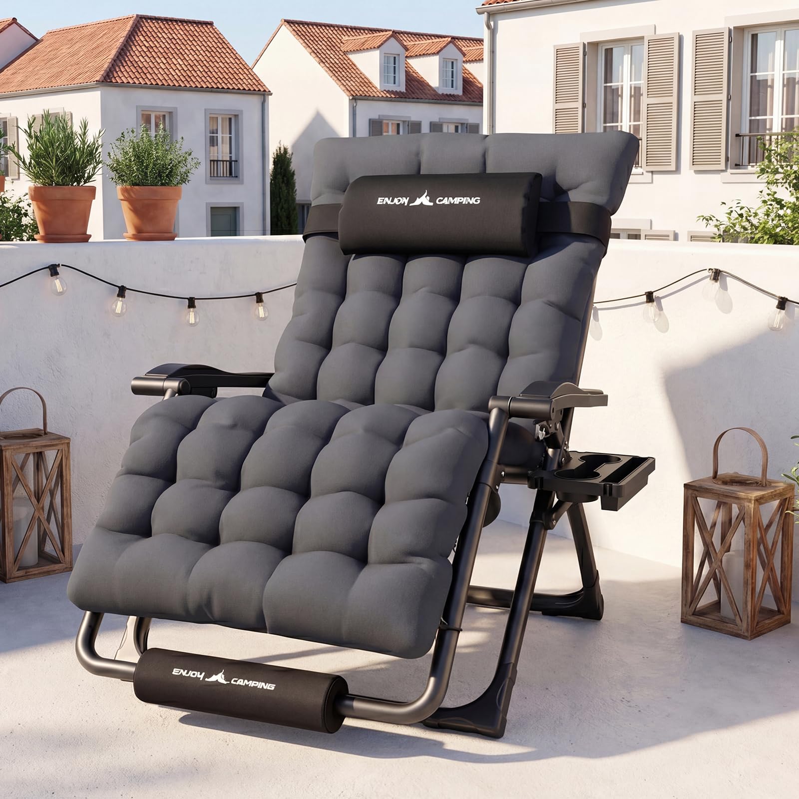 UDPATIO Transat Jardin Extérieur zéro gravité avec Coussin Épais 9 cm, Appui-tête Réglable, Accoudoirs et Porte-gobelet, Bain de Soleil Pliable et Inclinable, 220 kg Capacité, XXL Gris Foncé