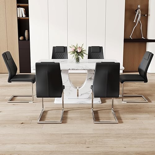 Miniatura 7 de JUFU Juego de mesa de comedor moderno para 6 personas, mesa de comedor con mesa rectangular de mármol sintético de 63 pulgadas y 6 sillas tapizadas