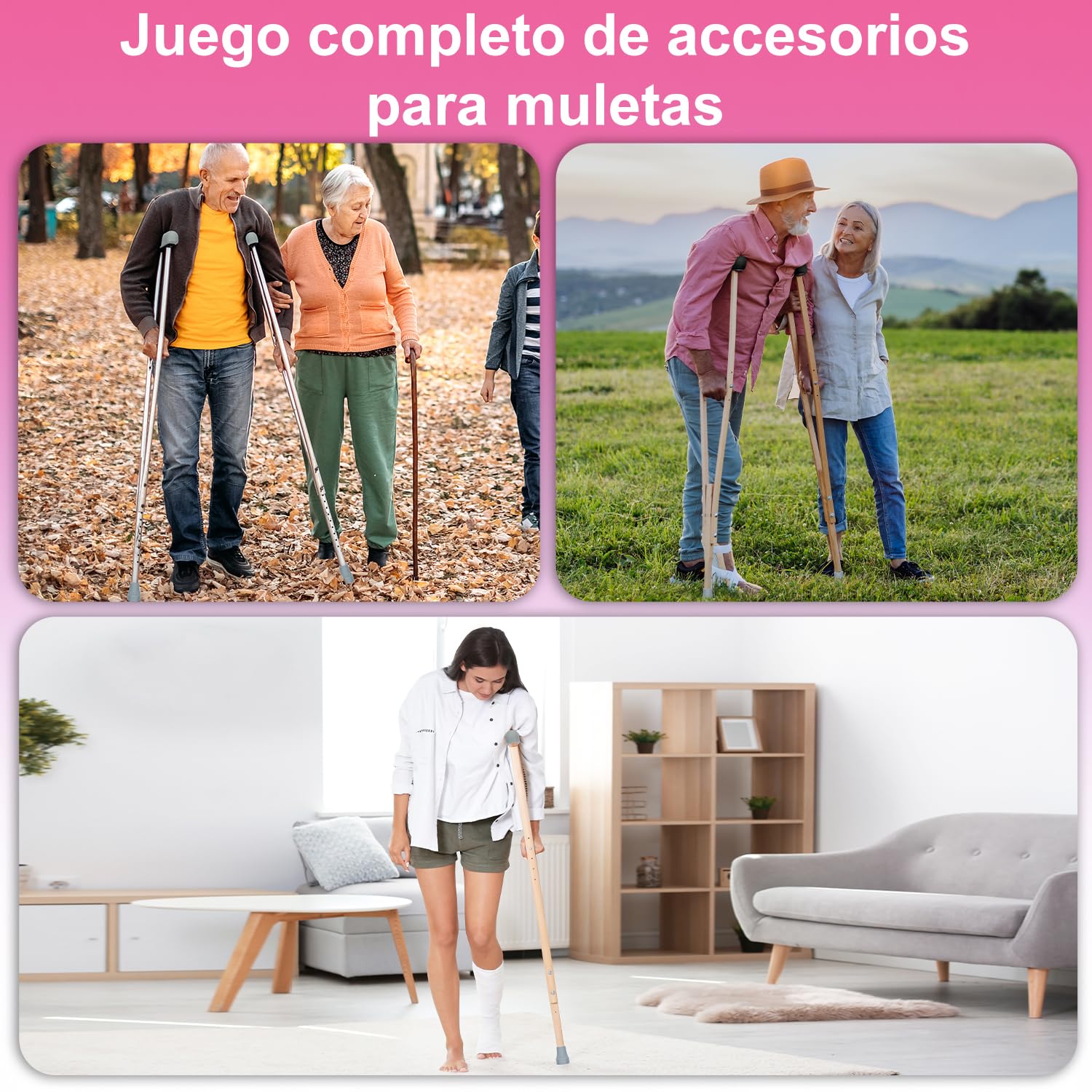 supregear Almohadillas Empuñaduras y Puntas para Muletas, Cubierta de Mango y Almohadilla de Pie, Se Adapta a Muletas de Aluminio Estándar, 6 Piezas, Gris