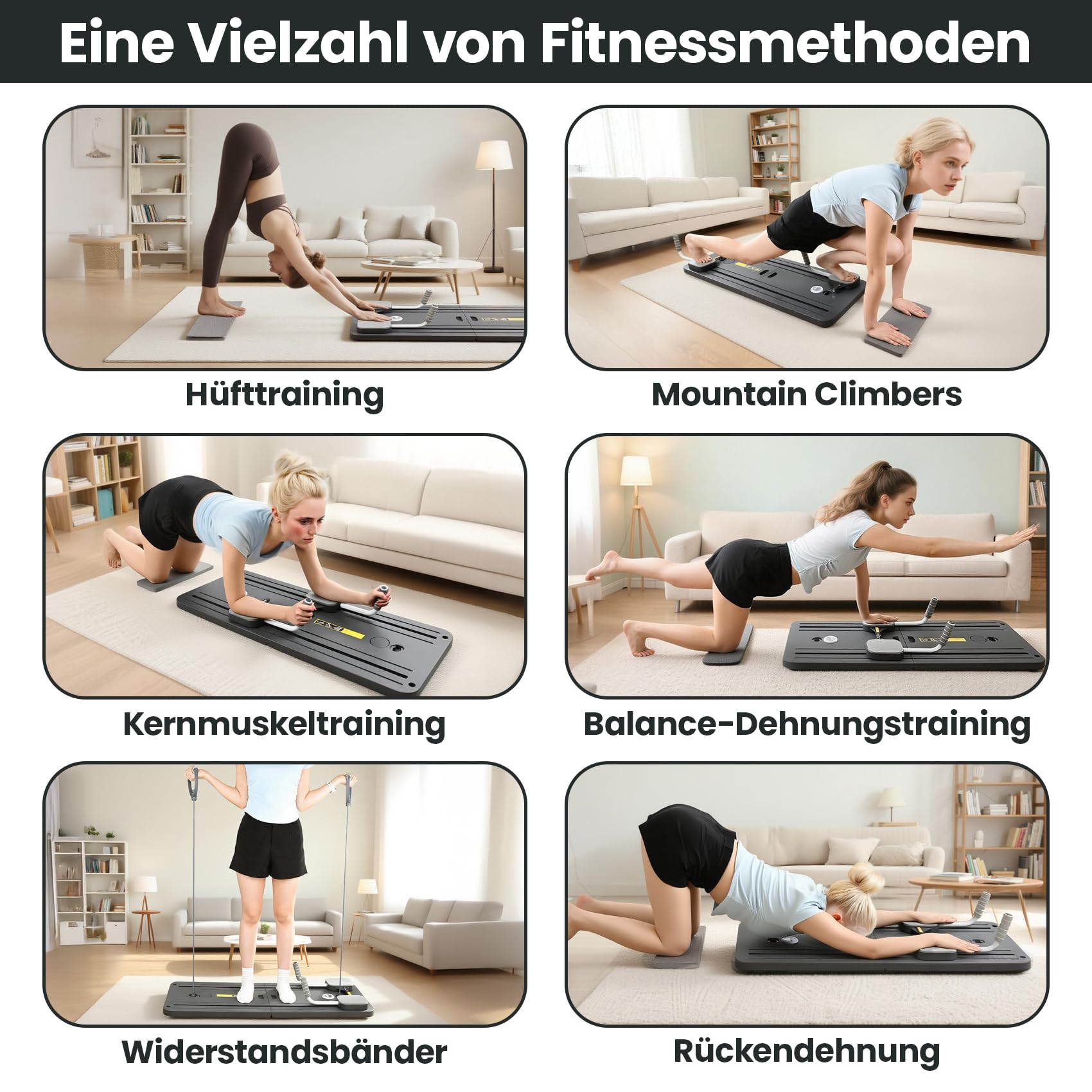 Faltbarer Pilates Reformer 5-in-1 Pilates Board Für Zuhause，Pilates Brett, Fitness Board, Mini Pilates Reformer Premium Schwarz—Mit Widerstandsbanden, Timer (ohne Batterien), Griffen und Knieschonern