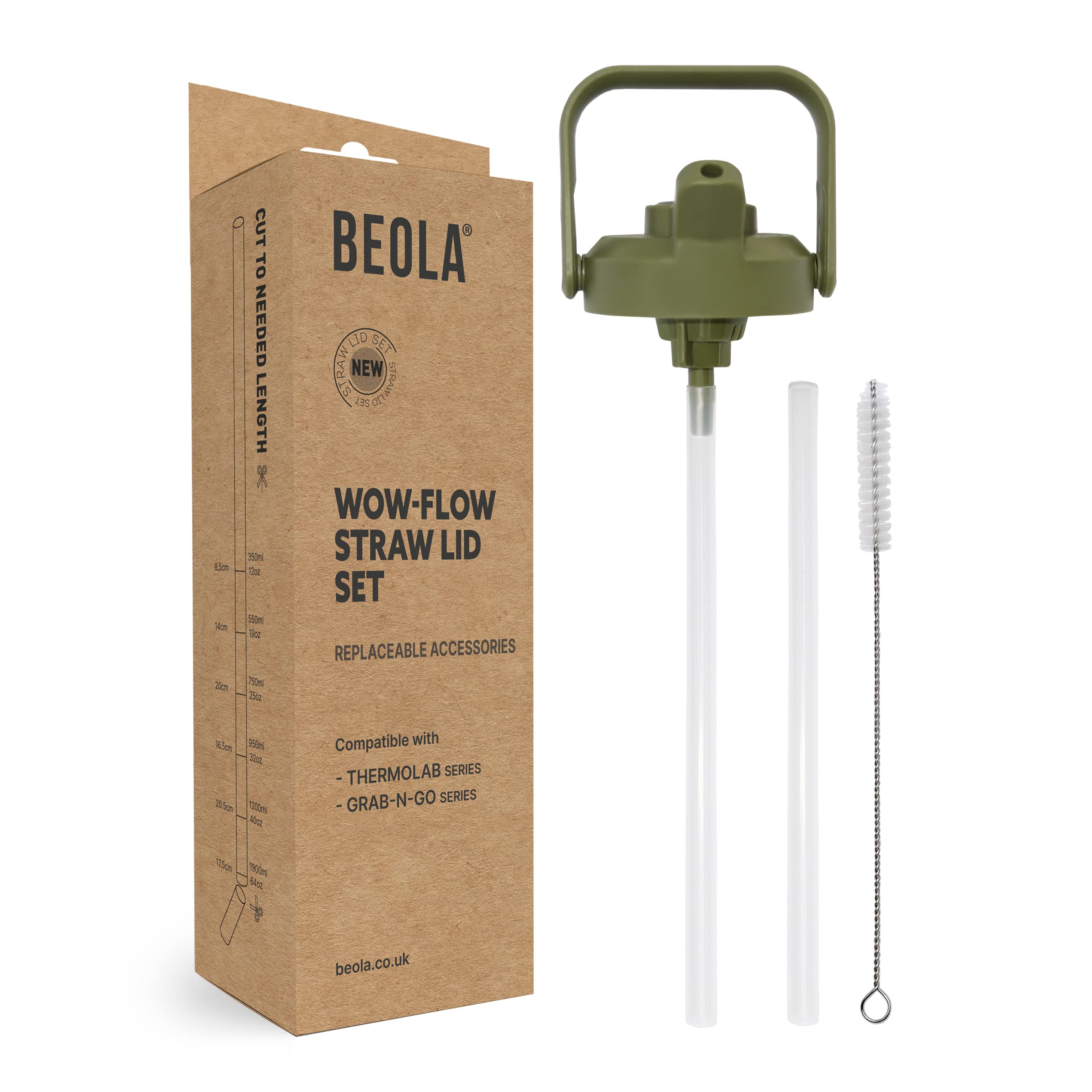 BEOLA Replaceable Straw Lid Set, Lid for ThermoLab Series Wide Mouth Insulated Bottles, Fits 350ml / 550ml / 750ml / 950ml / 1200ml / 1900ml bottles, BPA free Spare Cap (Forest Green)