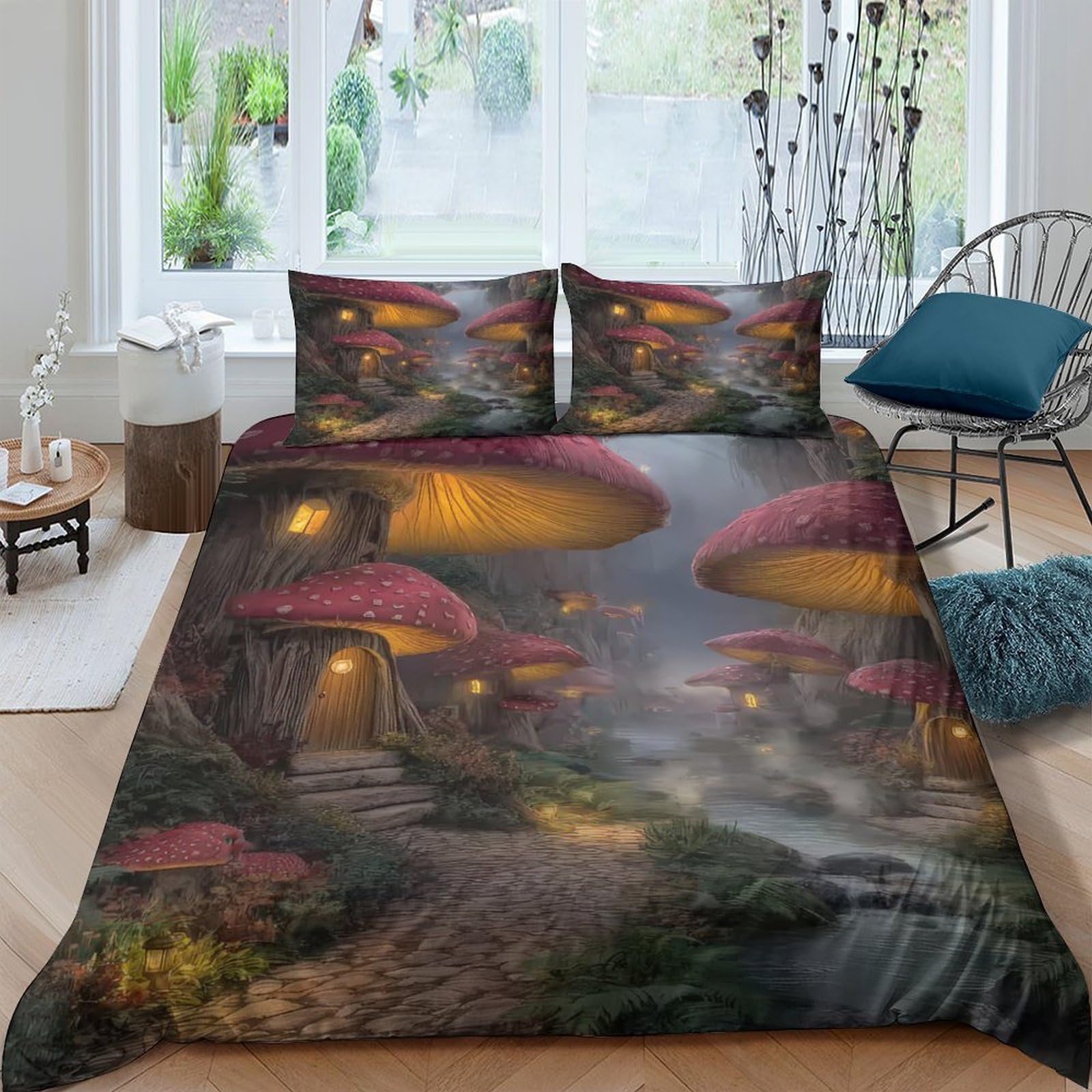 Ctjqhvkz Style-2 3D Printed Fantasy Mushroom Fitted Sheet Microfiber Soft Breathable Fairy House Bed Cover For Bedroom Guest Room Decor Single（135X200cm）