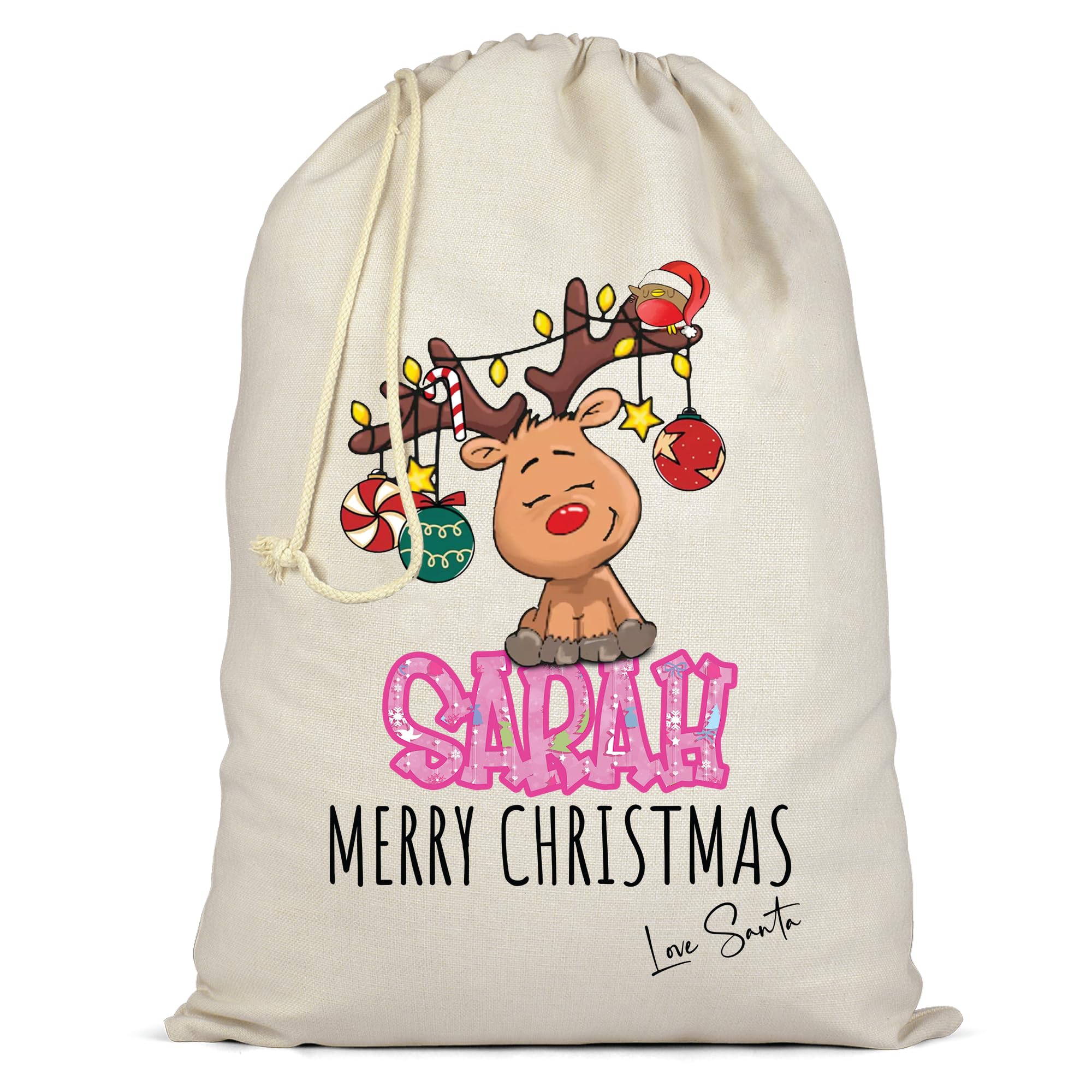 EMIT PRINT Personalised Santa Sack XL (50x75cm) – Premium Quality Cotton Christmas Bag with Custom Name and Secure Drawstring | Large Reusable Xmas Present for Kids - Pink