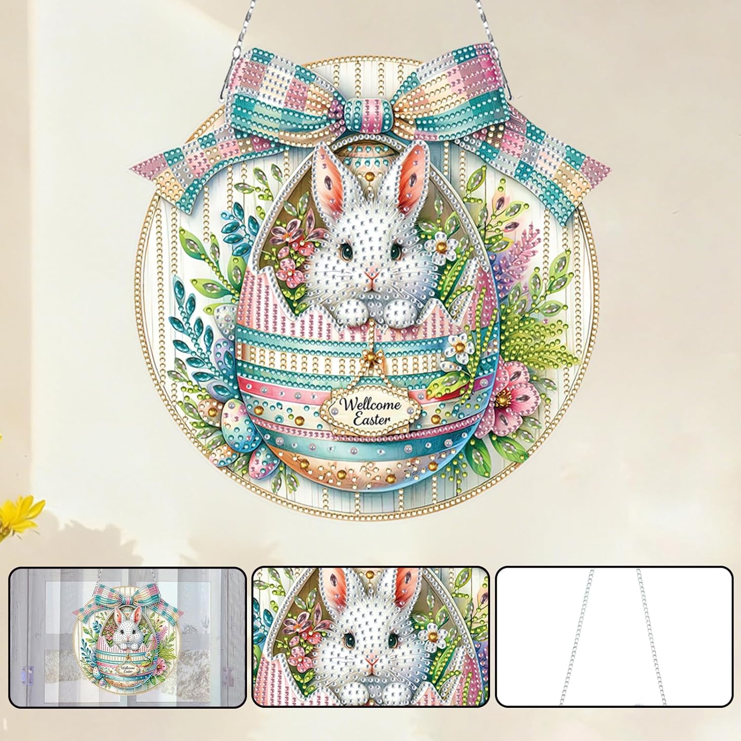 FRANDEK Egg Bunny DIY Diamond Painting Hanging Kits, 2D Flat Acrylic Crystal Rhinestone Gem Art Hanging Decor Crafts Kit, Portable Diamond Art Dots Home Office Wall Decor Gift