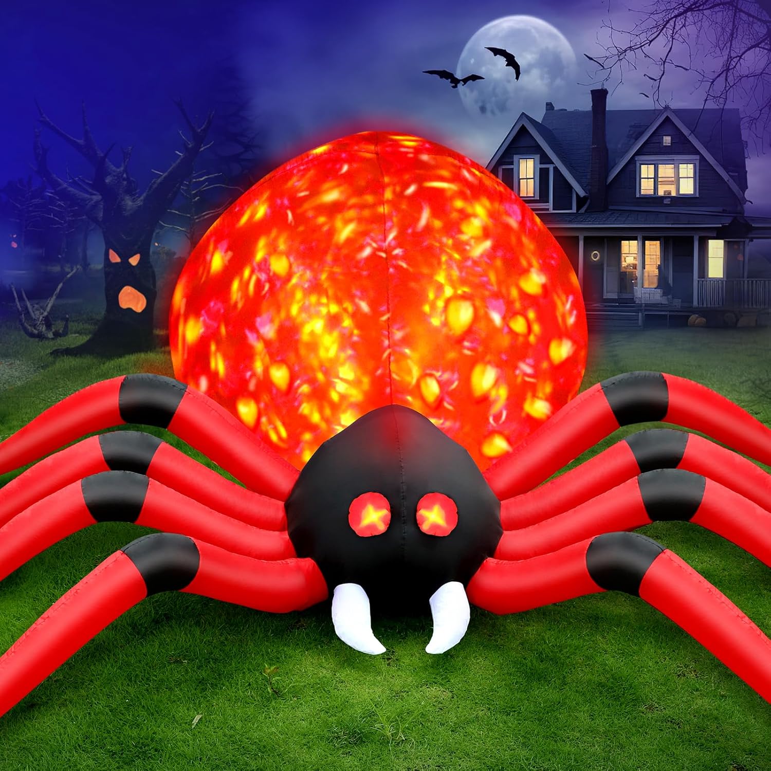 FunFanso 12FT Halloween Inflatable Spider Outdoor Decorations for Yard, Giant Blow up Halloween Holiday Decorations with Rotating Flame LED Lights, Large Red Spider for Garden Party Lawn Roof Porch