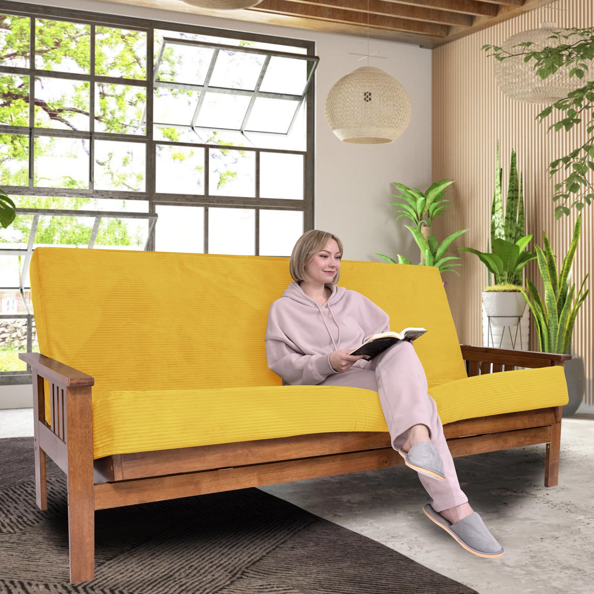 Foamma Memory Foam Futon Mattress, Double-Sided Foldout Couch Futon Mattress, 6" x 60" x 80" Queen Size (Canary), Corduroy Fabric - Heavy Duty Sofa